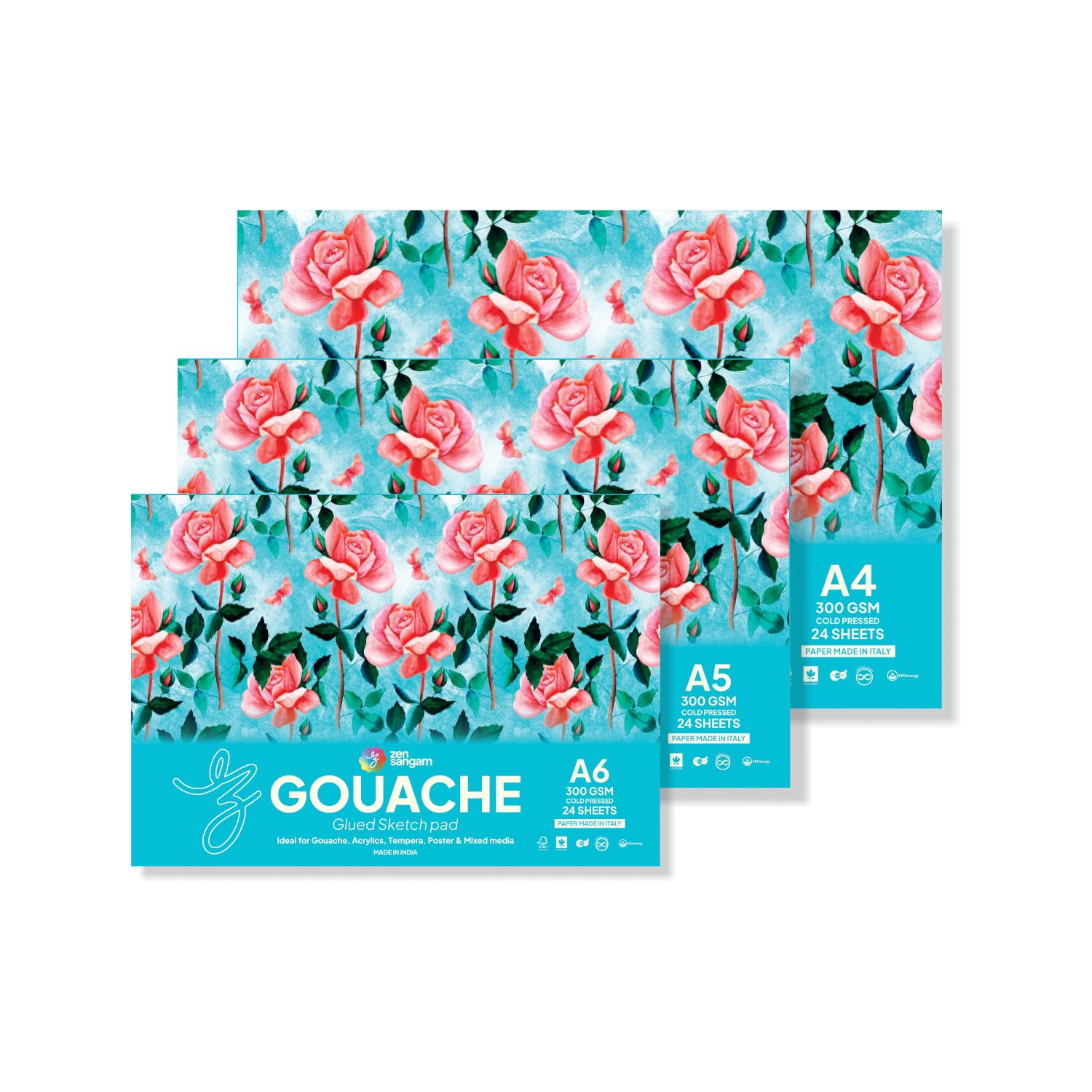 Combo Pack of A4,A5,A6 Gouache Glued Sketchpads - 300 GSM - Cold Pressed - Rough Grain Surface - Gouache Book