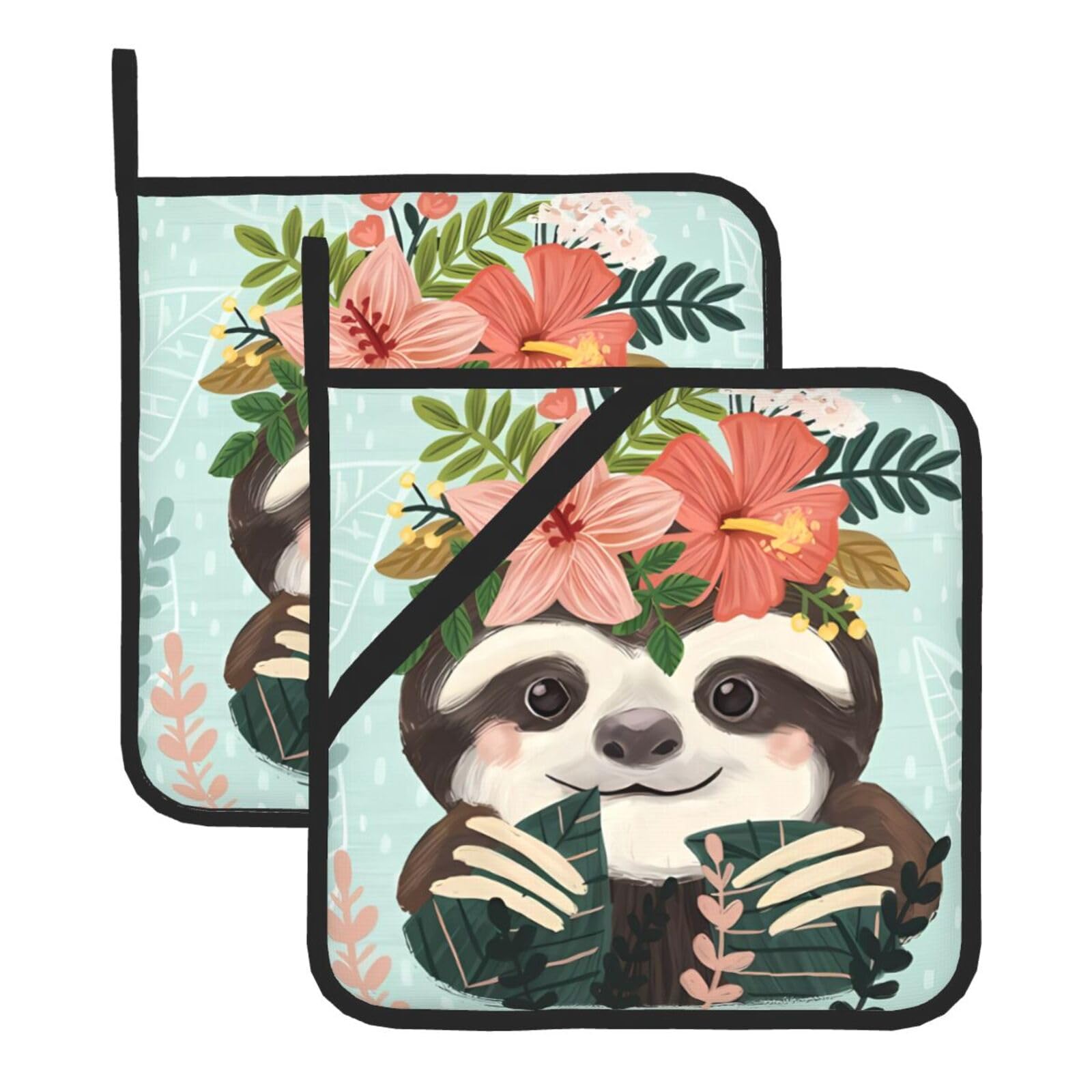 WHJSHOP Animal Sloth Mint Green Prints Square Hot Pads for Kitchen Counter - Thick Heat Resistant Trivets for Microwave & Oven, BBQ Grilling Cover (2 Pack)