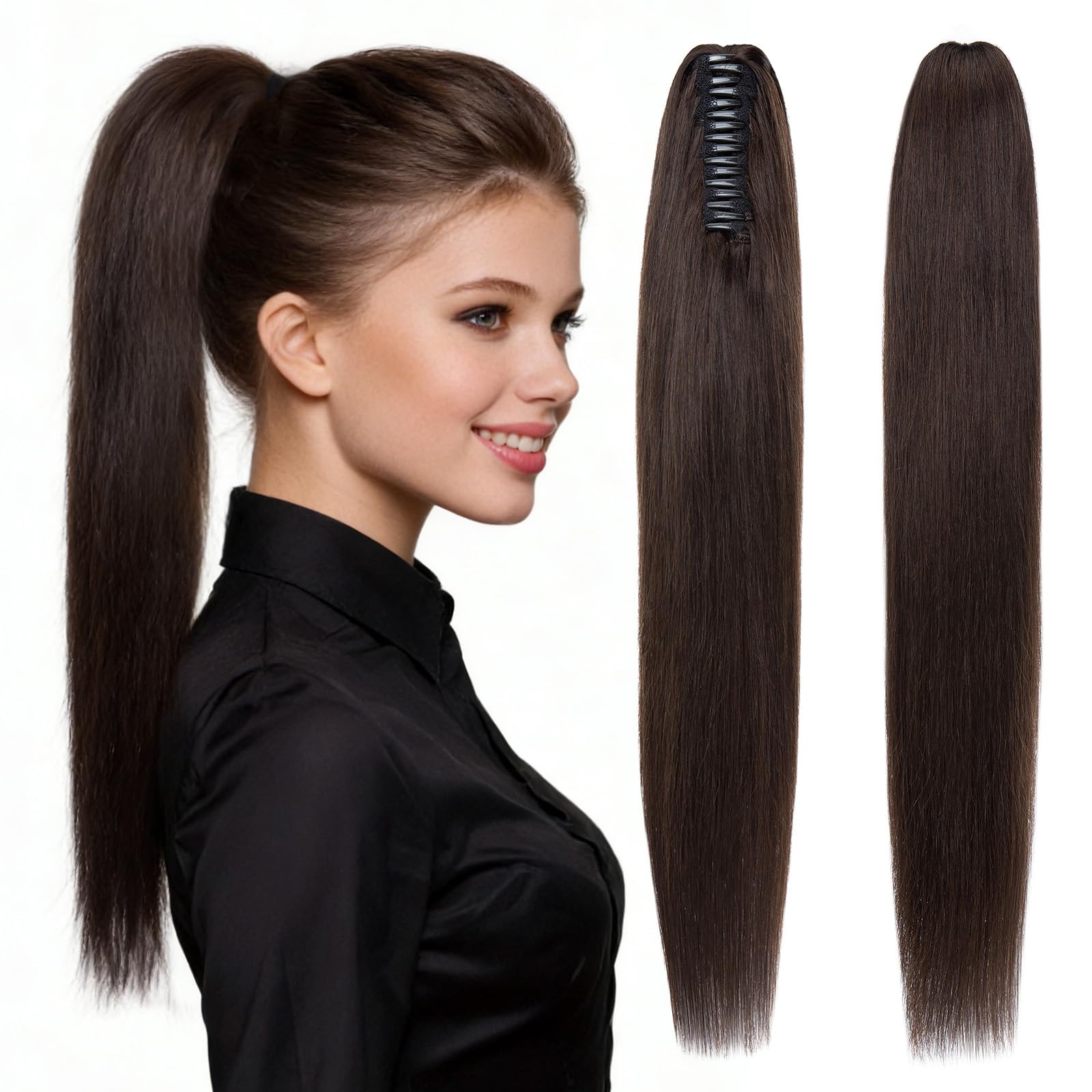 Photo 1 of SLEEKALON Human Hair Claw Clip in Ponytail Extension Long Straight Pony Tail Hair Extension Hairpiece for Women#02 Dark Brown Remy Hair Ponytail Extensions with Jaw Claw,16 Inch
