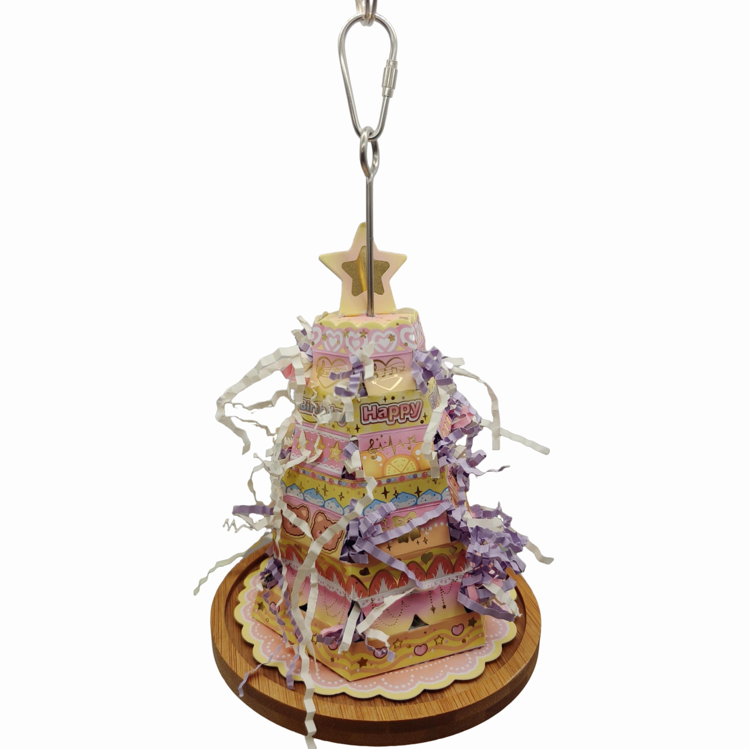 Birthday Pop-Up Cake Foraging Toy, Interactive Parrot Treat Dispenser with Bamboo Tray, Stainless Steel Kabob Skewer, 5 Inch Diameter Base, Shredder Paper Included