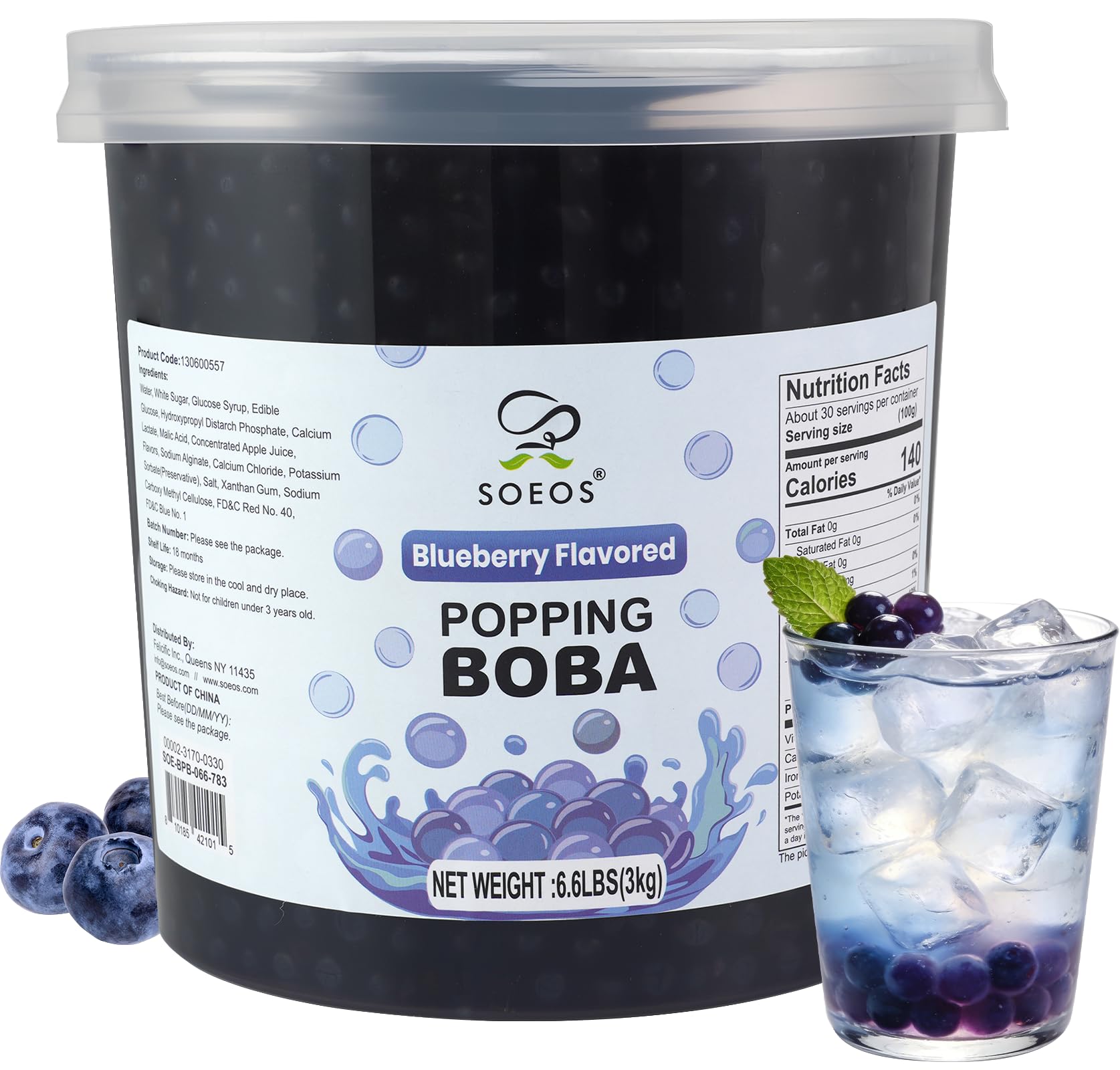 Soeos Blueberry Popping Boba, 6.6 lbs (3Kg), Bursting Boba Pearls for Bubble Tea, Beverages, Shakes, Desserts, Smoothie and Ice Cream Topping, Ready