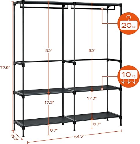 Miniatura 3 de Perchero portátil, armario portátil, armario de gran capacidad de 54.3 pulgadas, organizador de almacenamiento de ropa con estantes y 2 varillas