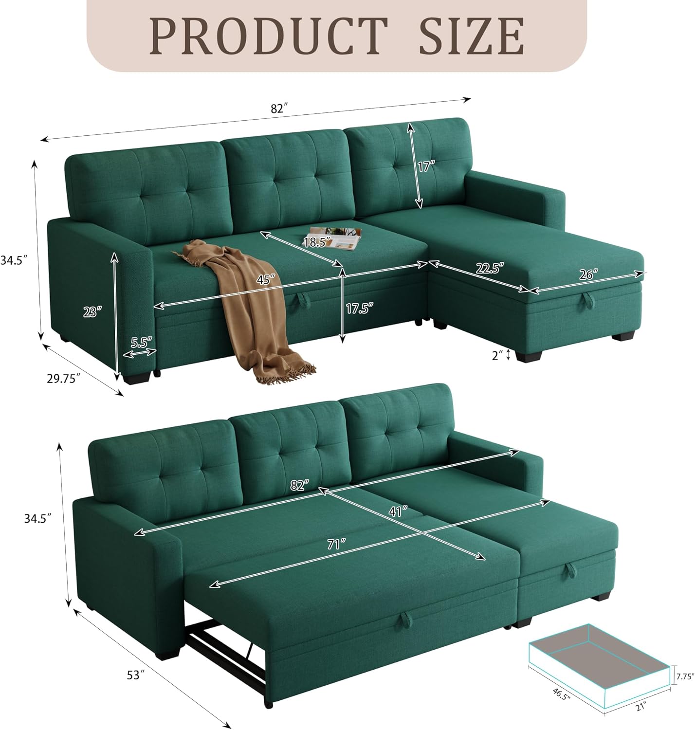 82" L-Shape Convertible Sleeper Sectional Sofa with Storage Chaise and Pull-Out Bed,Upholstered Reversible Corner 3 Seater Couch with Button Tufted Backrest & Armrest,for Living Room,Green