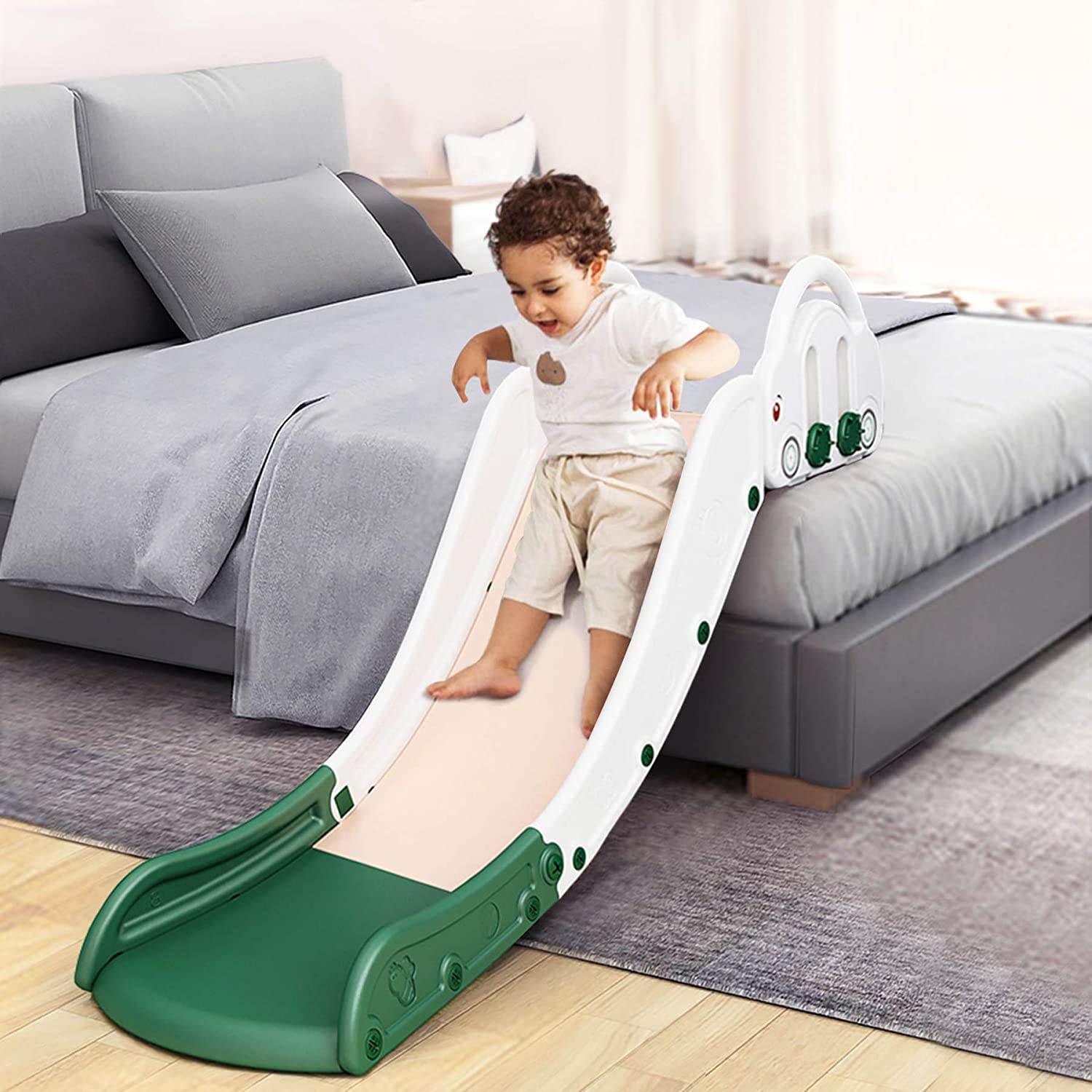 Kids Sofa Slide Climbing Slide for Bed Toys for Kids Playing Home Easy to Assemble The Lengthen Board Playset for Having Fun (White + Green)