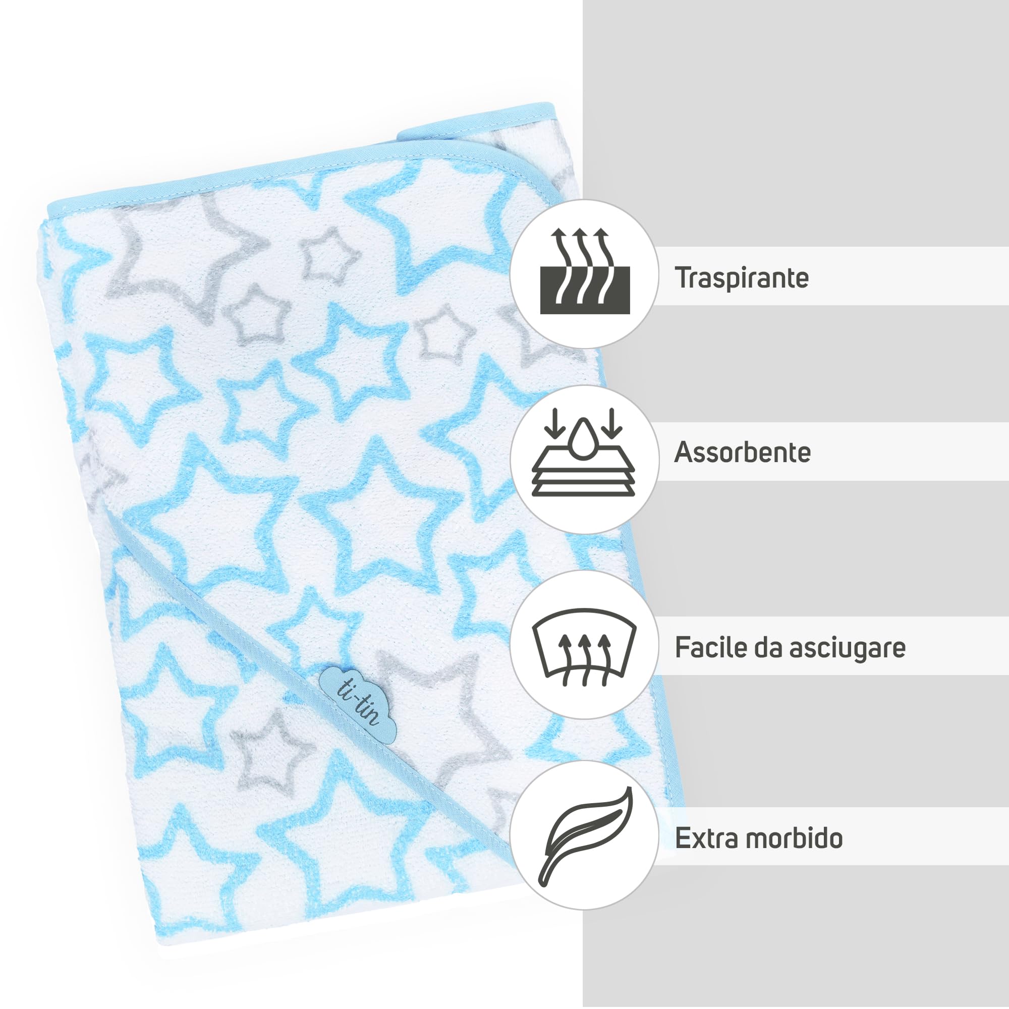 Ti TIN Asciugamano Da Bagno Per Bambini con Cappuccio 100% Cotone | Asciugamano Per Bambini con Cappuccio Morbido e Assorbente con Un Design a Stelle Azzurro, 100x100 cm