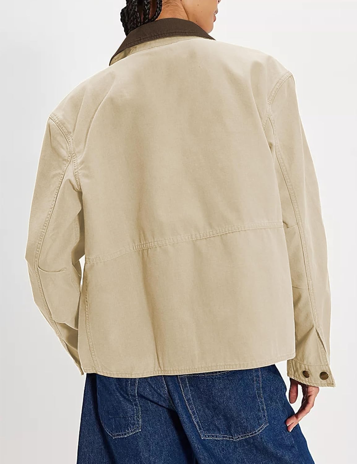 HangNiFang Women's Oversized Cotton Jacket Button Down Contrast Collar Barn Jacket Casual Loose Coat with Pockets(2000-Khaki-L) - Image 2