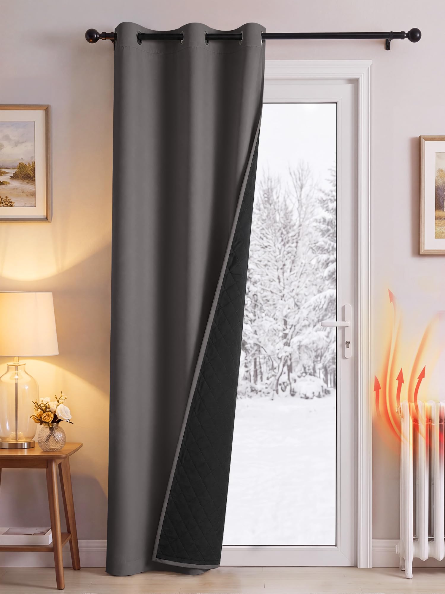 PONY DANCE Thermal Door Curtain with Quilted Black Lining, Grey, 42x84