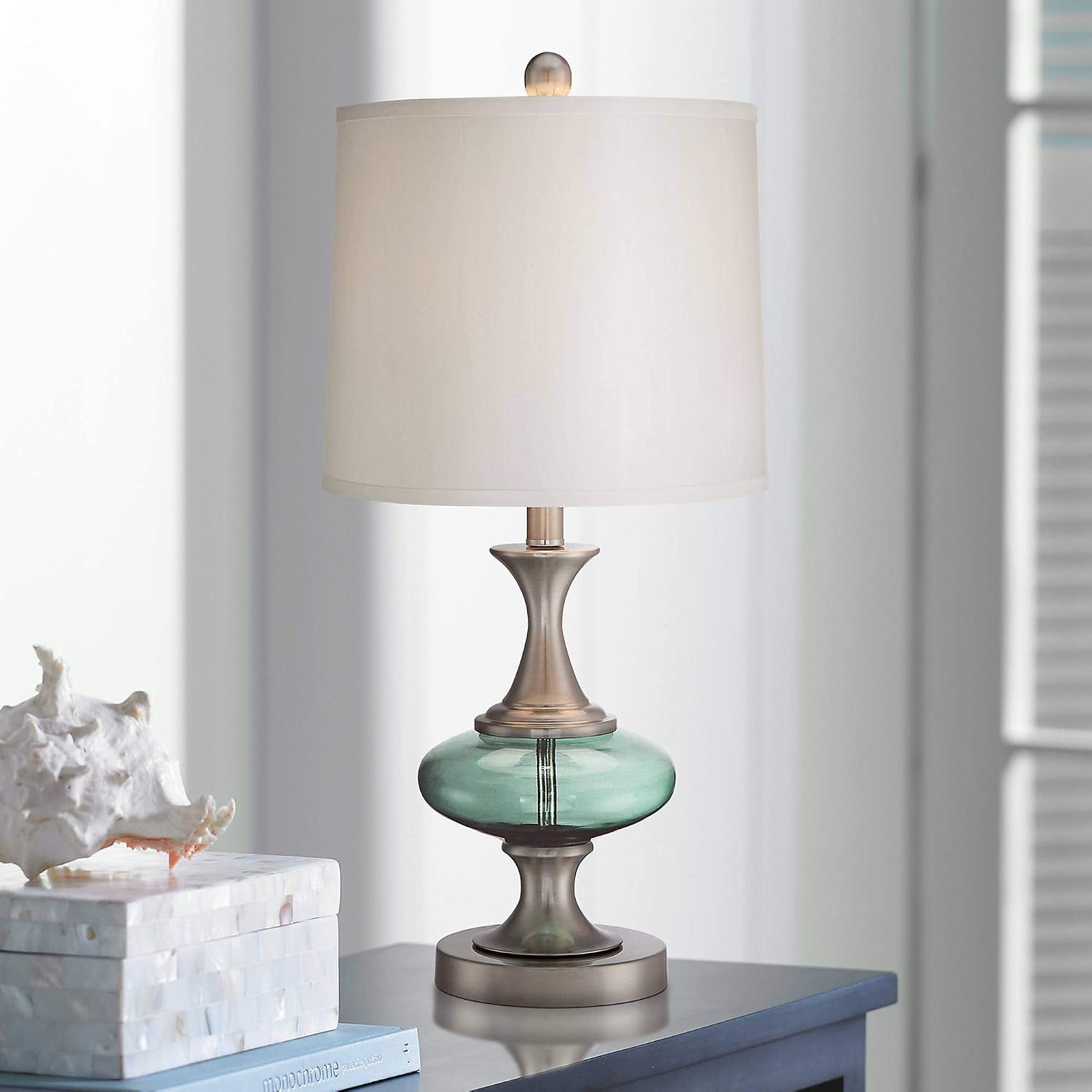 360 Lighting Reiner Modern Accent 3-Way Table Lamp 23" High with Dimmer Brushed Nickel Blue Green Genie Glass Off White Drum Shade for Bedroom Living Room House Home Bedside Nightstand Office Kids
