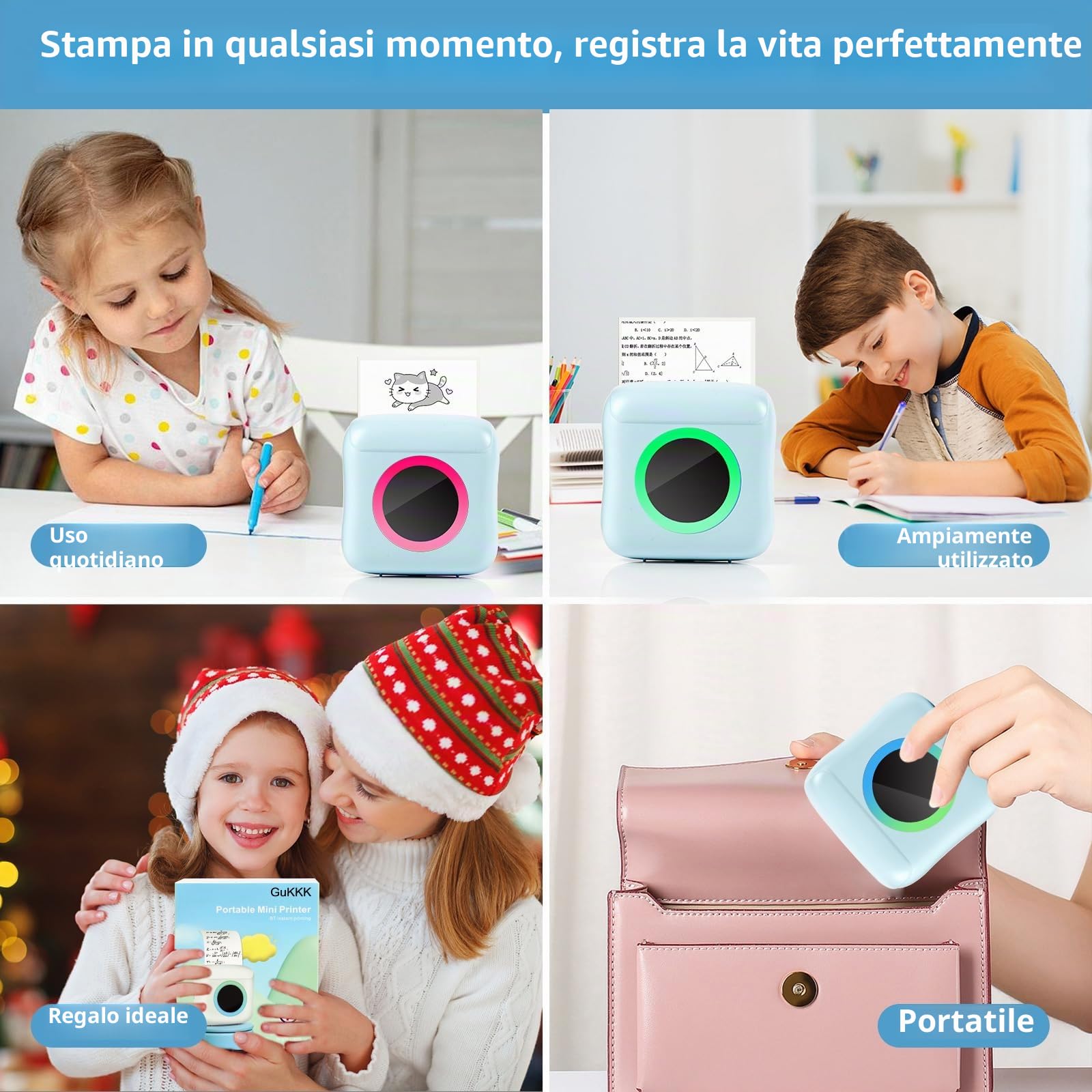 Mini Stampante Fotografica, Mini Stampante Termica, Stampante Fotografica Istantanea Portatile con LED colorati, Mini Stampante Termica Bluetooth con Ricarica USB Stampante, per Note, Elenco, Memo