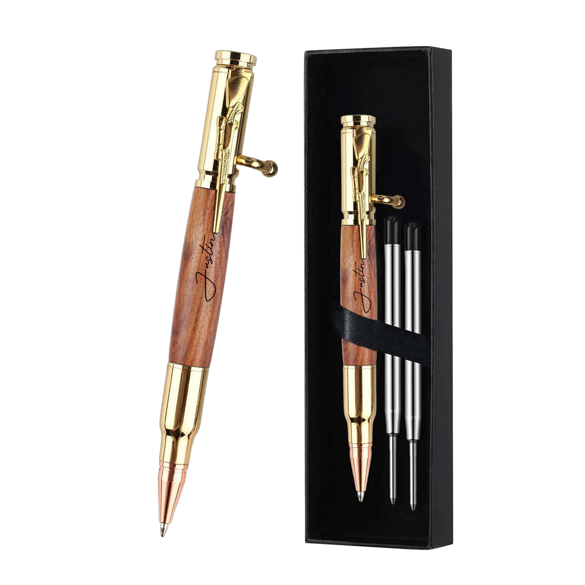 Personalized Bolt Action Pen, Free Engraved Wood Metal Ballpoint Pen with 2 Refills, Customized Pen with Name, Custom Gift for Birthday, Father's Day,