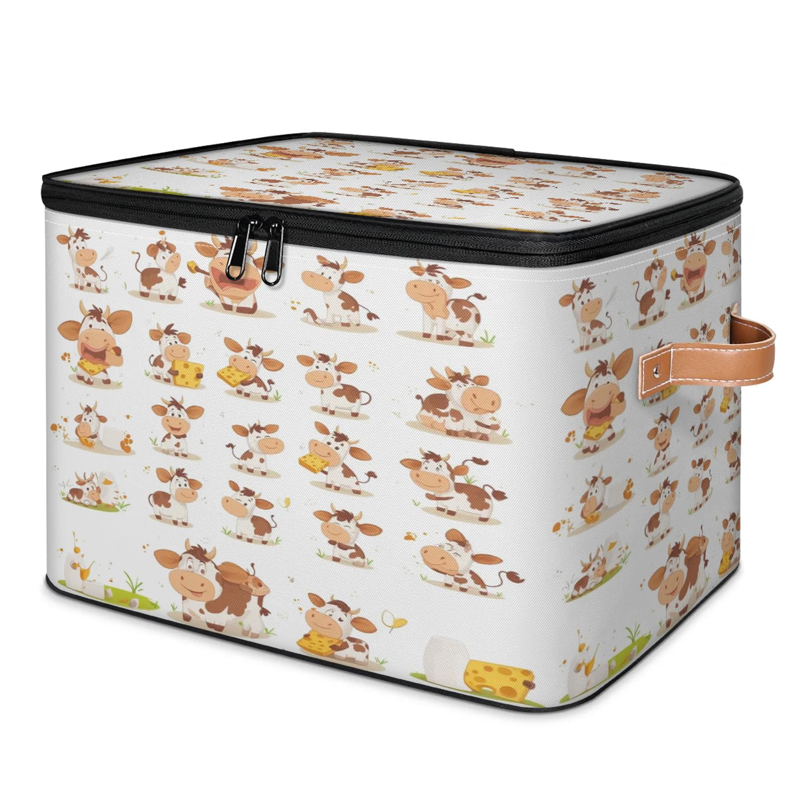 Bonita cesta de almacenamiento grande de queso de vaca con tapa con cremallera, cajas de almacenamiento plegables, organizador para el hogar, para ropa, dormitorio, sala de estar, 2 piezas