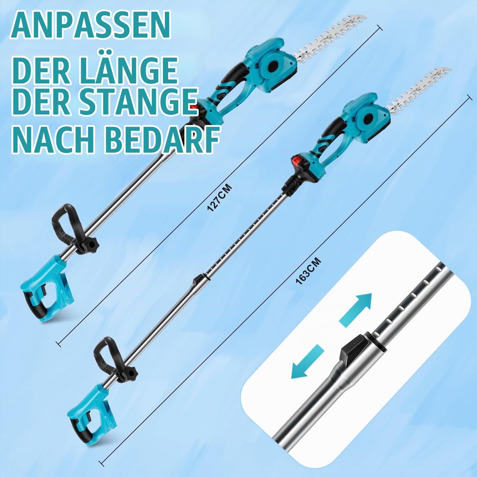 3 in 1 Akku Teleskop Heckenschere kompatibel mit Makita 18V, Akku Grasschere und Strauchschere Messerlänge 220 mm & 130mm, 90°abwinkelbarer Kopf für Strauch und Heckenschnitt (ohne Akku)