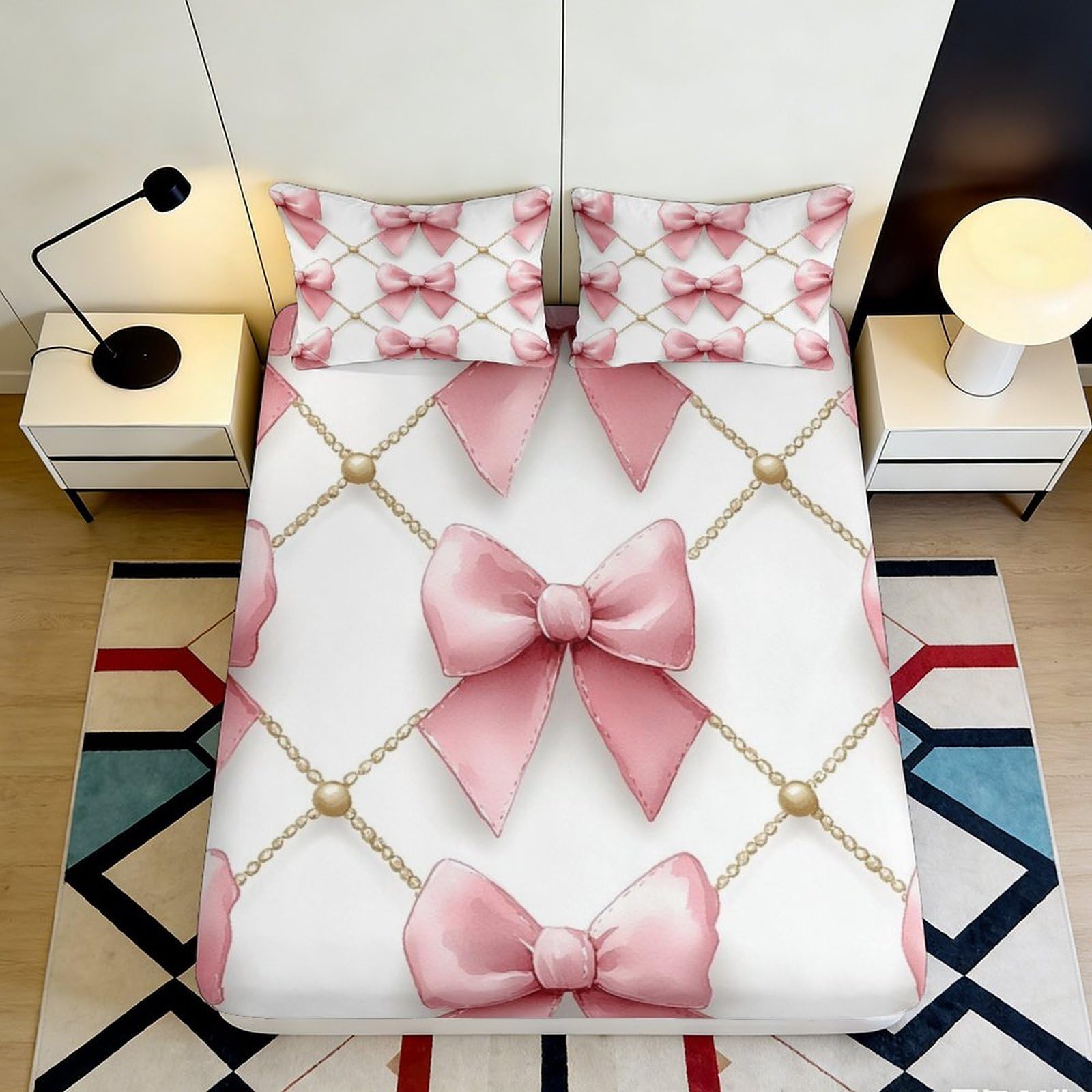 3D Printed Pink Bow Pattern Fitted Sheet Microfiber Soft Anti-Slip Pearl Chain Bed Sheet for Bedroom Dorm Decor 160x200x25cm