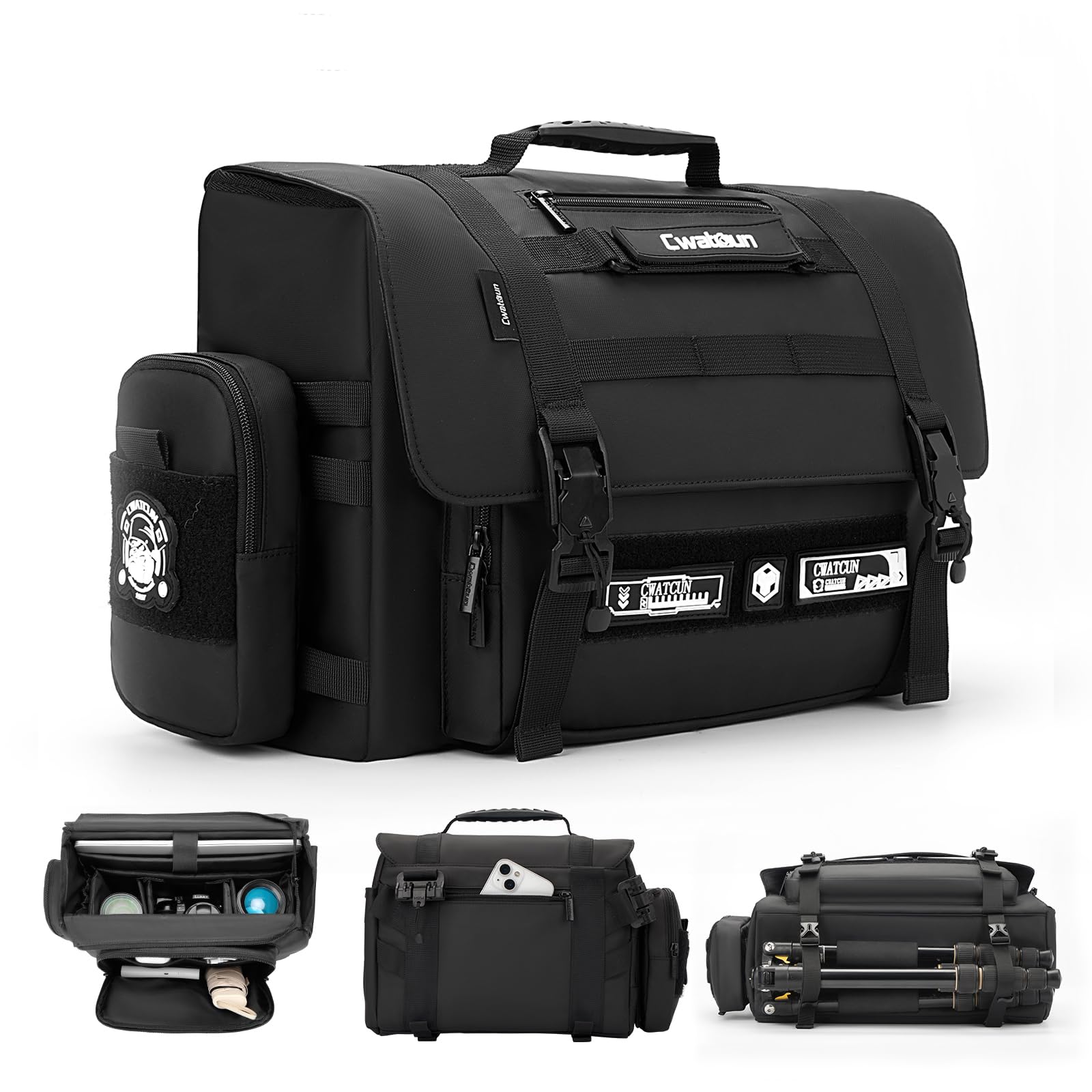 Cwatcun Camera Sling Bag, Waterproof Multifunction Photography Tactica Camera Crossbody Bag with Tripod Holder & Removable Accessory Bags for DSLR/SLR