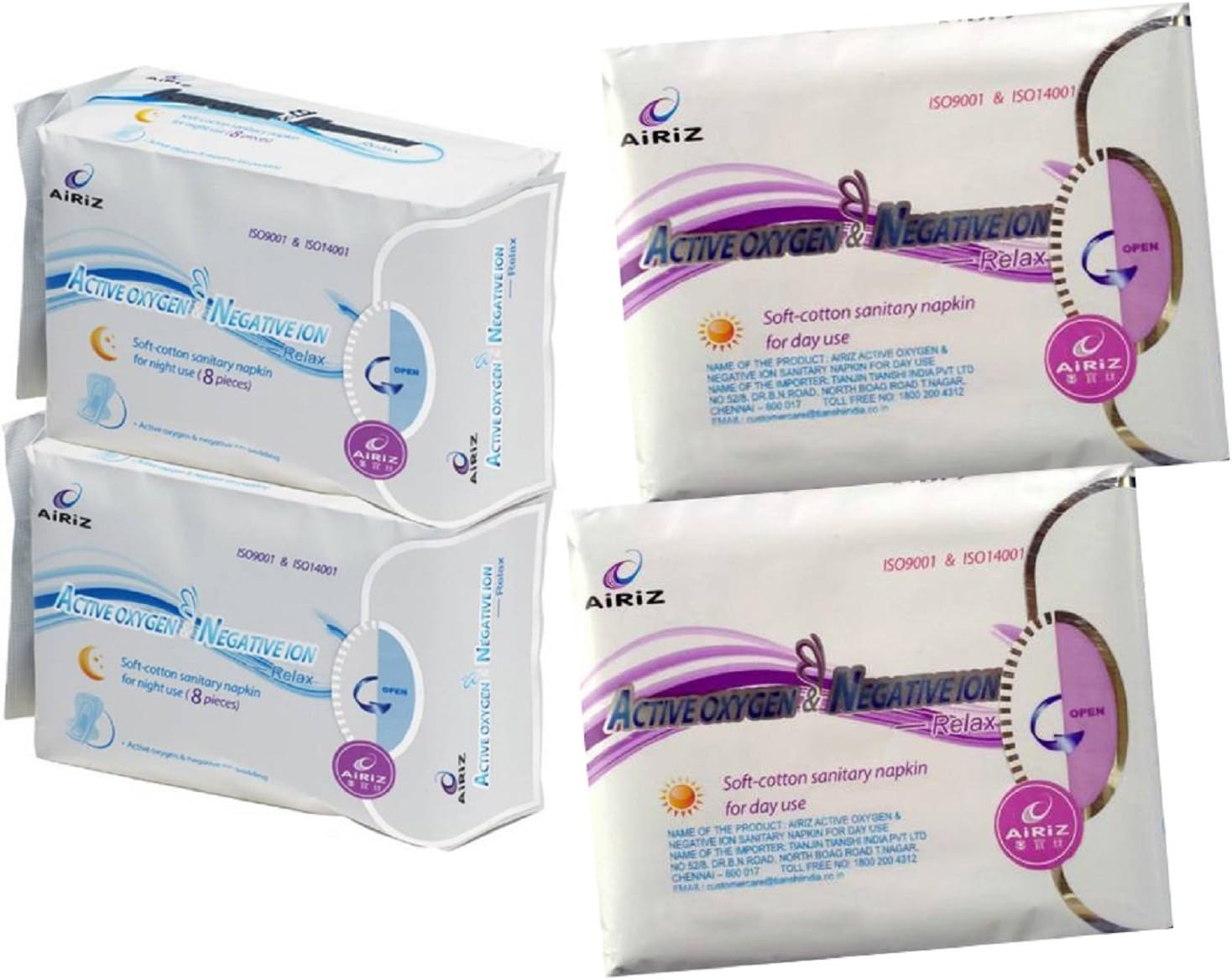 Airiz Active Oxygen & Negative Ion Soft-Cotton Sanitary Pads For Day & Night Use Pack Of 4 (36 Pieces)