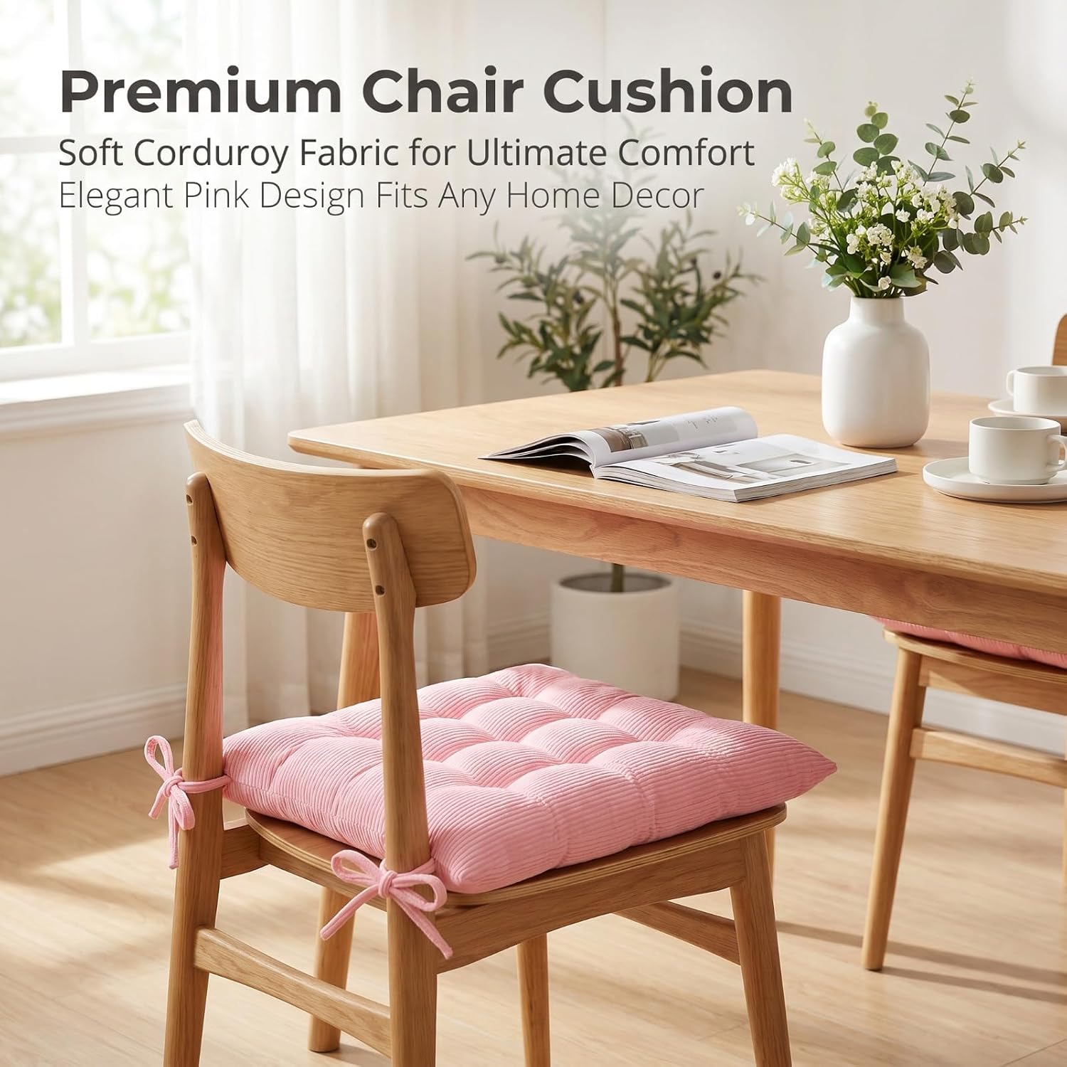 HLOVME Corduroy Chair Cushion with Ties Ultra Soft Warm Floor Cushion for Kids Reading Nook Comfortable Square Seat Cushion for Adult 15.7”x15.7”, Pink