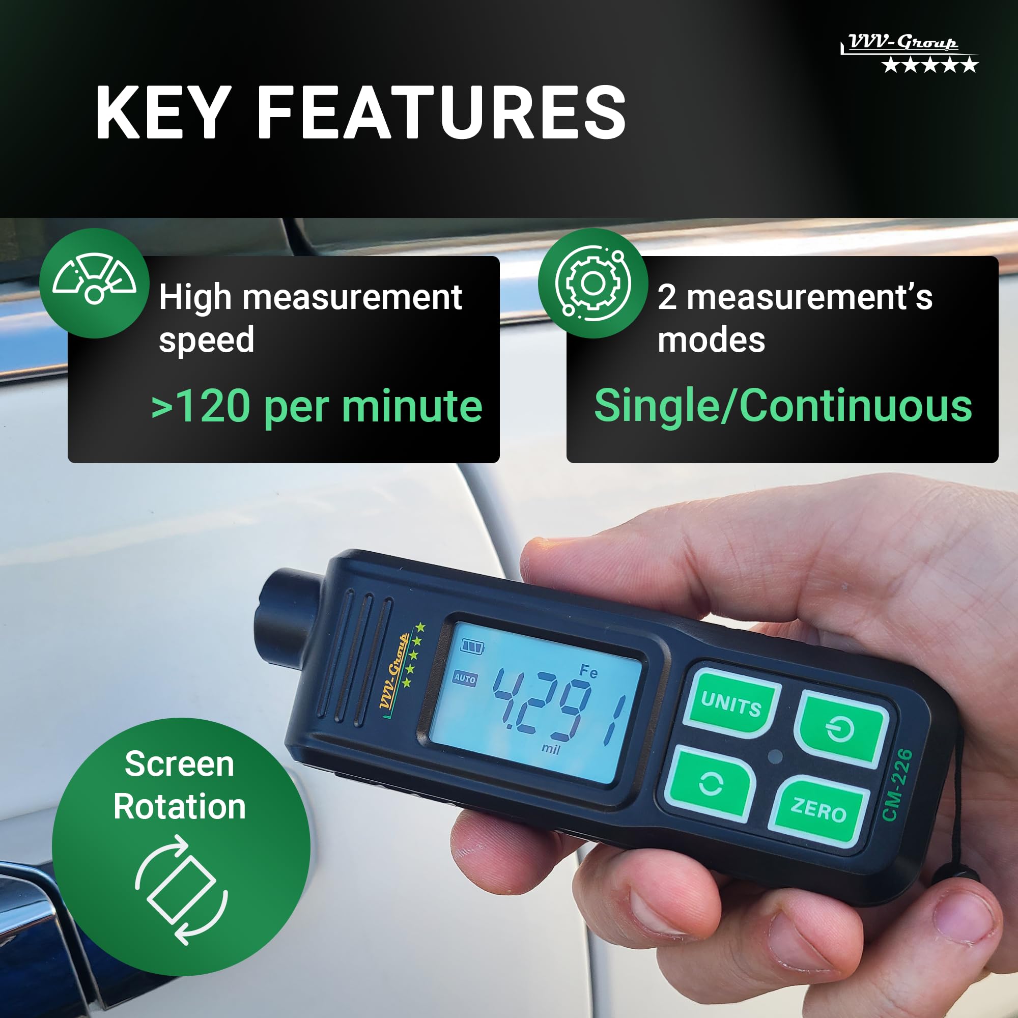 CM-205FN Paint Thickness Meter – Digital Coating Depth Gauge For Cars, 0.01mil Resolution, F/NF Measuring