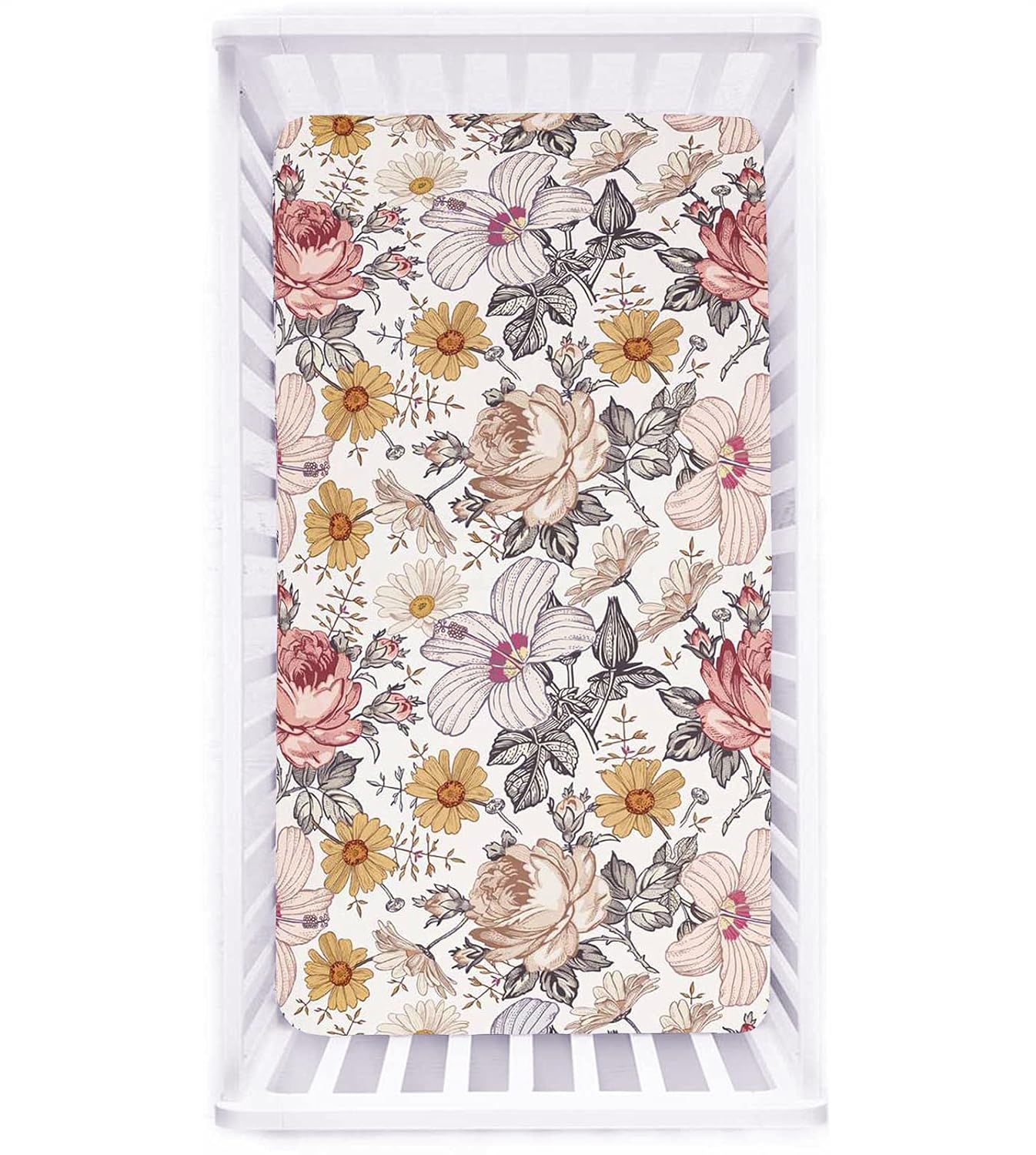 Crib Sheets for Girl Boy, HNHUAMING Crib Sheet Fitted Fits for Standard Crib & Toddler Mattresses, Ultra Soft Breathable Baby Crib Sheets Neutral 52'' X 28'' inch Boho Crib Sheet, Daisy Floral