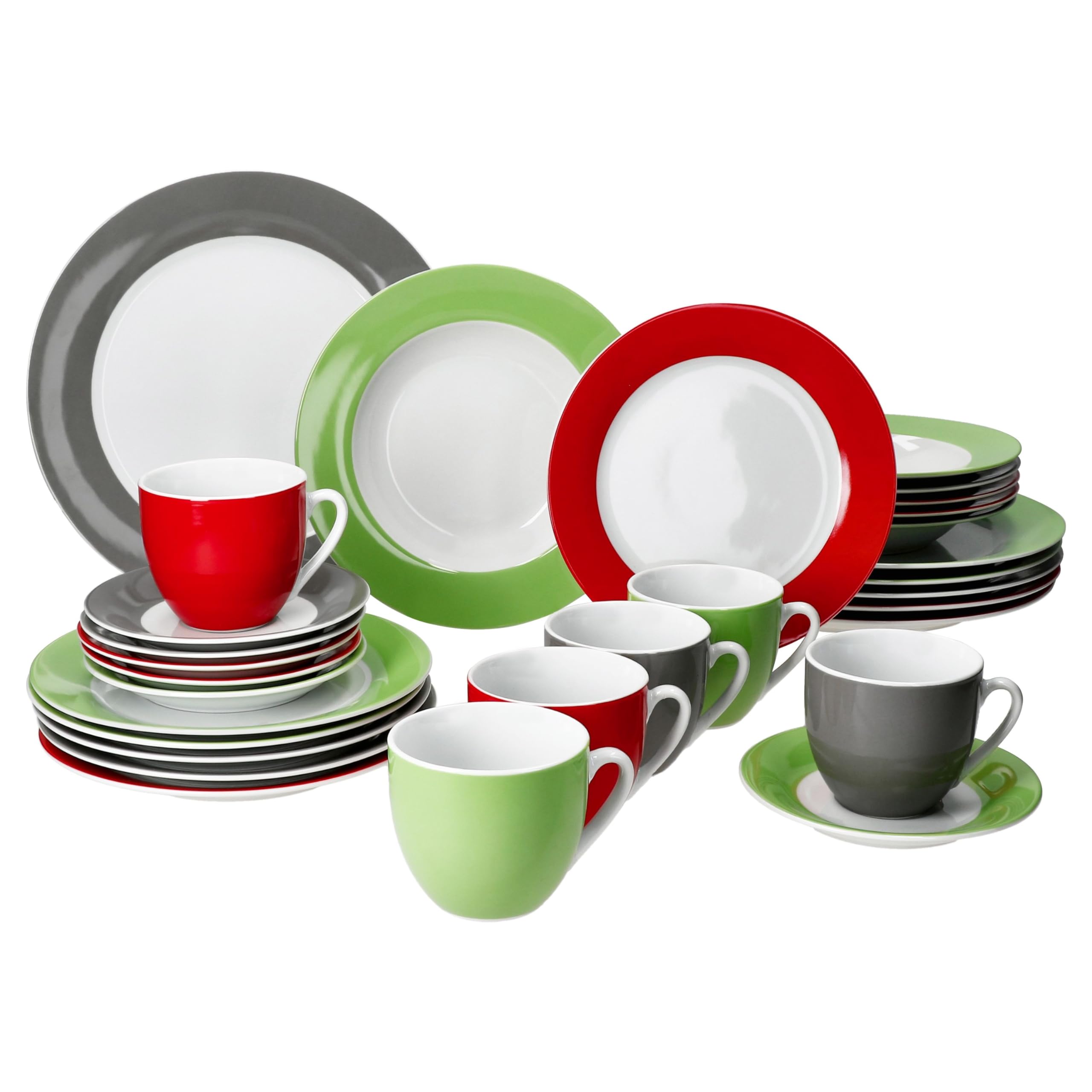 MamboCat Variant Trio 30tlg Kombiservice I Porzellan-Geschirrset mit Rand in Grün, Rot & Grau für 6 Personen I Je 6X Kaffeetassen 200ml, Untertassen, Kuchenteller, Suppenteller & Speiseteller