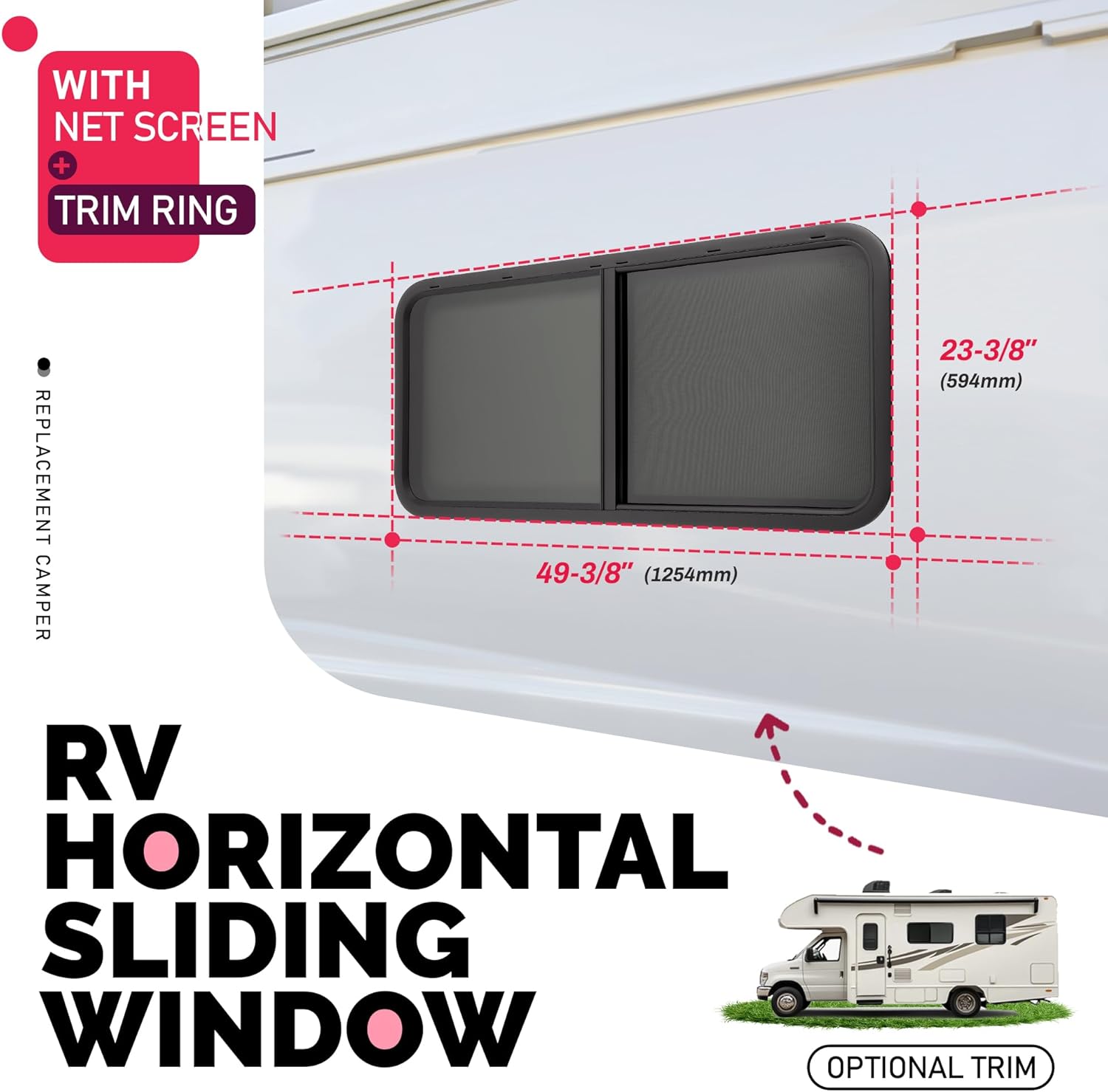 48" W x 22" H RV Window Horizontal Slide RV Window Replacement W/Net Screen For Cargo Travel Trailer, Camper, Cargo Van