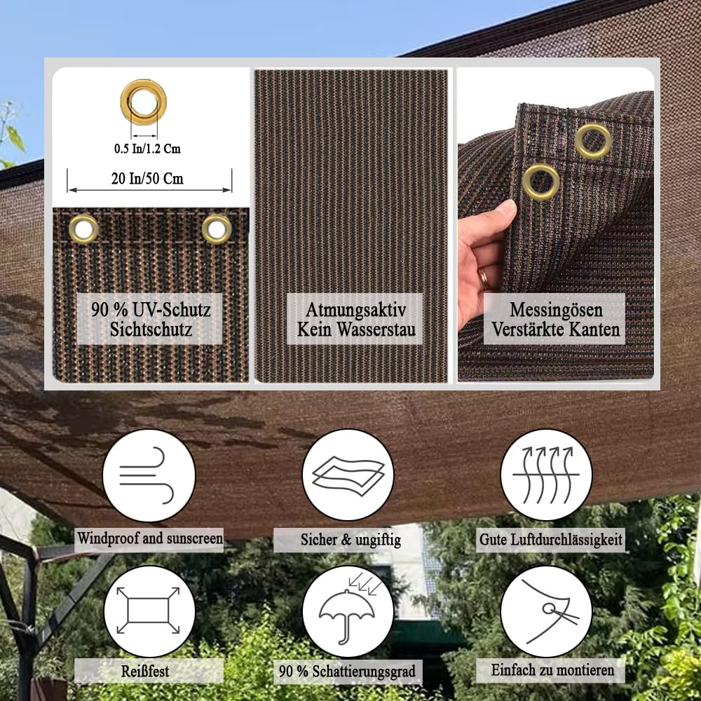 Malla de Sombreo 90% con Ojales, 2,4x4,5 m, Tejido HDPE 200 g/m², Malla de Ocultación Transpirable y Resistente a los UV, Red de Sombra para Jardín, Terraza, Pérgola y Porche, Marrón