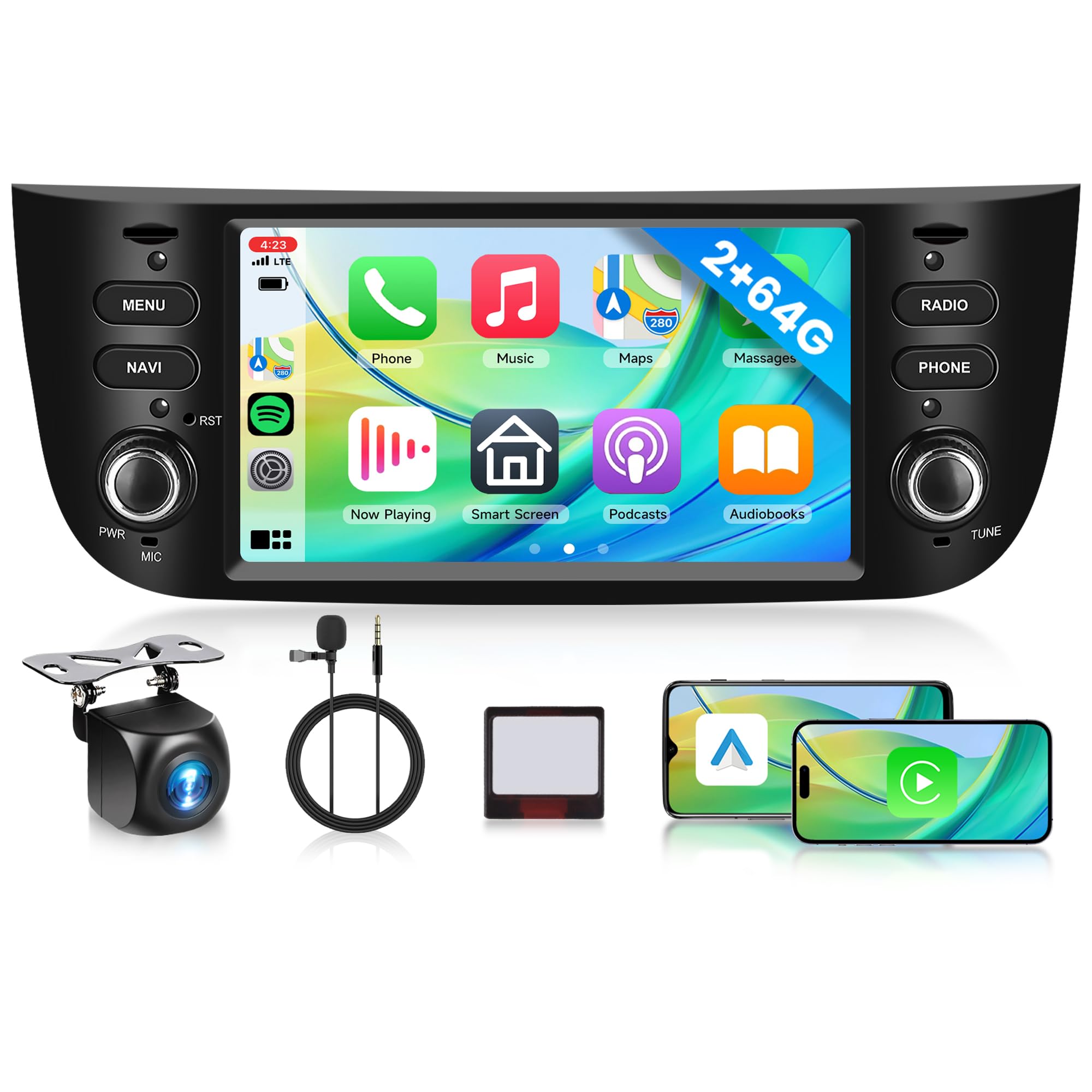 2G+64G Autoradio Android per FIAT Punto 2010-2016, 6.2 Pollici Schermo Tactile Stereo FIAT Punto Evo con Carplay Senza Fili Android Auto Navi GPS WiFi Mirror Link Bluetooth FM/RDS/EQ SWC Retrocamera