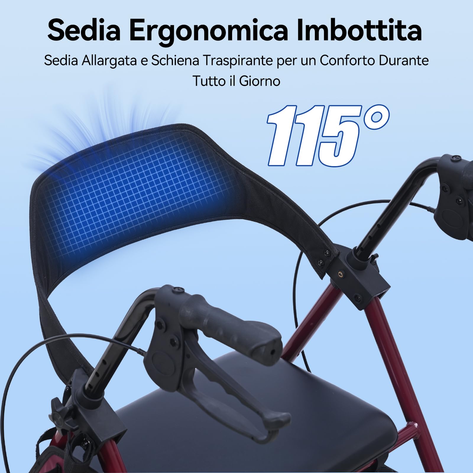 R4 deambulatore pieghevole con seduta, girello per anziani,altezza regolabile in 5 livelli su sedile e maniglie, Deambulatori a 4 ruote, Con borsa della e freni, portata max 100KG (R4-2)