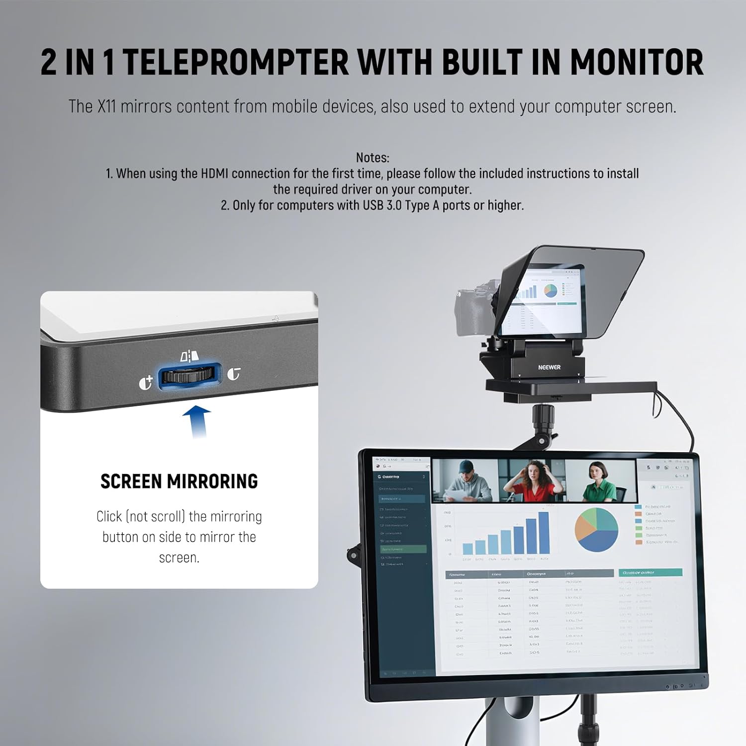 NEEWER 2 in 1 Teleprompter 11 Inch with Monitor for Windows MacOS, Supports Screen Mirroring, Portable Prompter for Camera Mobile Phone Webcam for YouTube Twitch Live Streaming Conference, X11