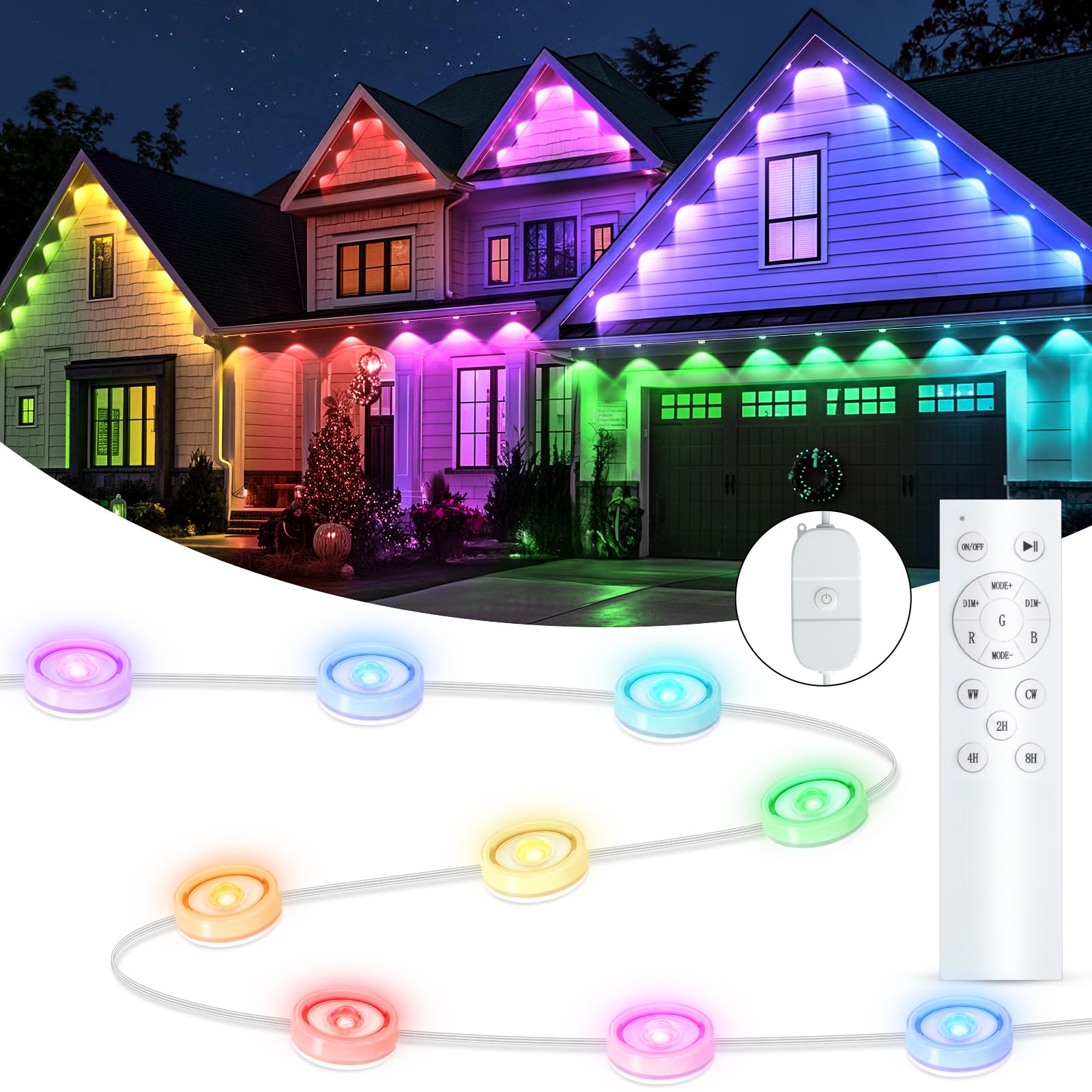 Brightever Outdoor Lights - RGBW 105FT with 50 LED Eaves Lights, IP65 Waterproof for Daily & Christmas Decor, 36W Low Voltage