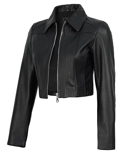 Decrum Cropped Leather Jacket Women – Trendy Short Real Lambskin