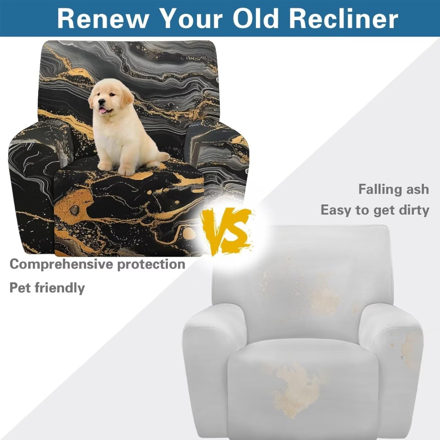 Marble Print Reclining Slipcover for Large Recliner Chair, Anti Slip Single Seat Sofa Protector with Storage Pocket, 4 Piece Set Recliner Chair Covers That Stay in Place