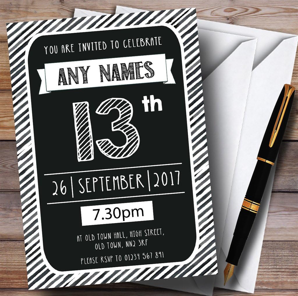 Black & White Stripy Deco 13th Personalized Birthday Party Invitations