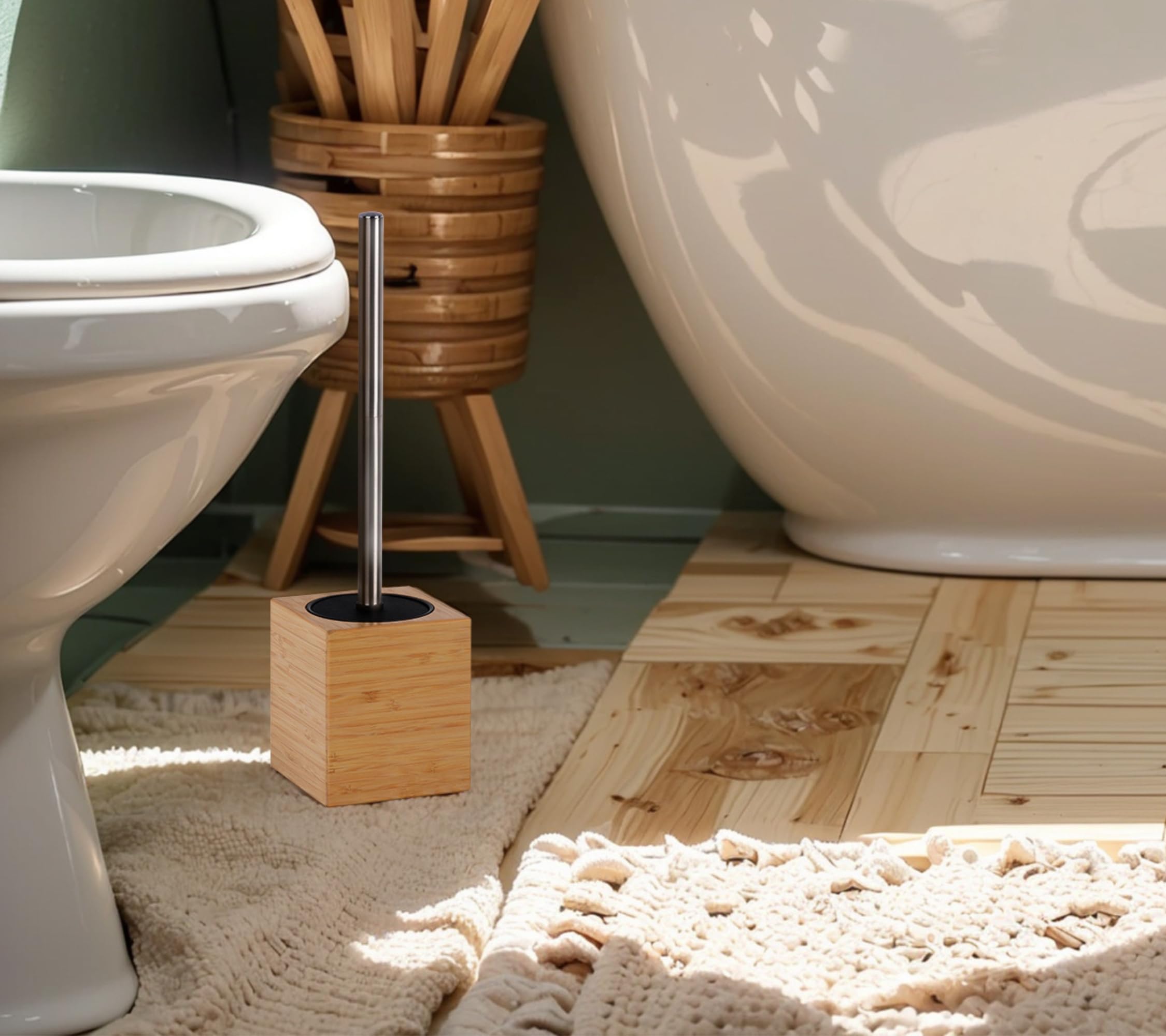Clasin Home Soporte para escobilla de inodoro con bambú y acero inoxidable para un uso duradero, cepillo de limpieza de inodoro con mango largo para una fácil limpieza profunda, juego de cepillos de