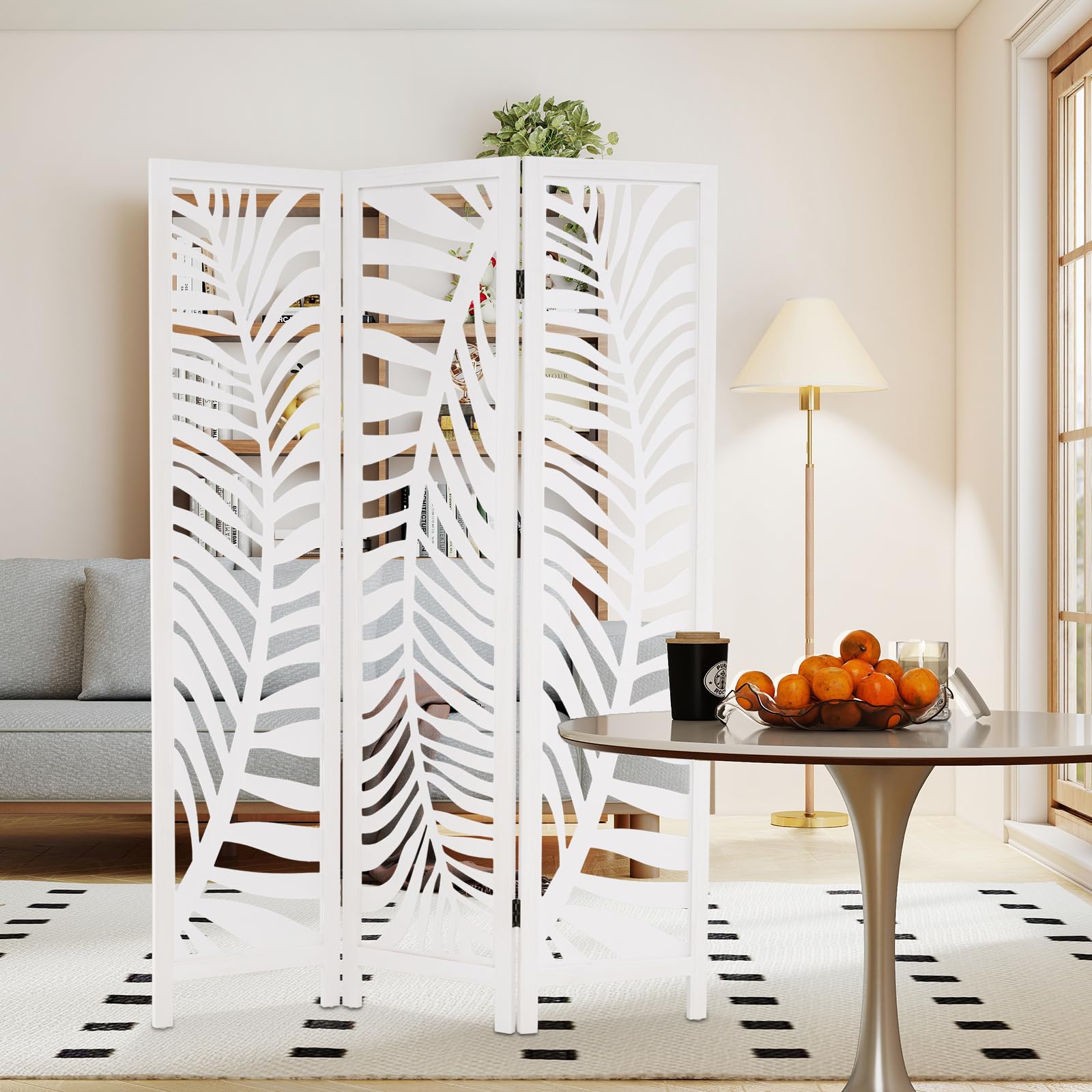 GIANTEX Biombo Plegable de Madera de Paulownia, 3 Paneles, Separador de Privacidad con Patrones Elegantes, 121 x 170 cm, Divisor de Espacios para Salón, Dormitorio, Oficina (Blanco)