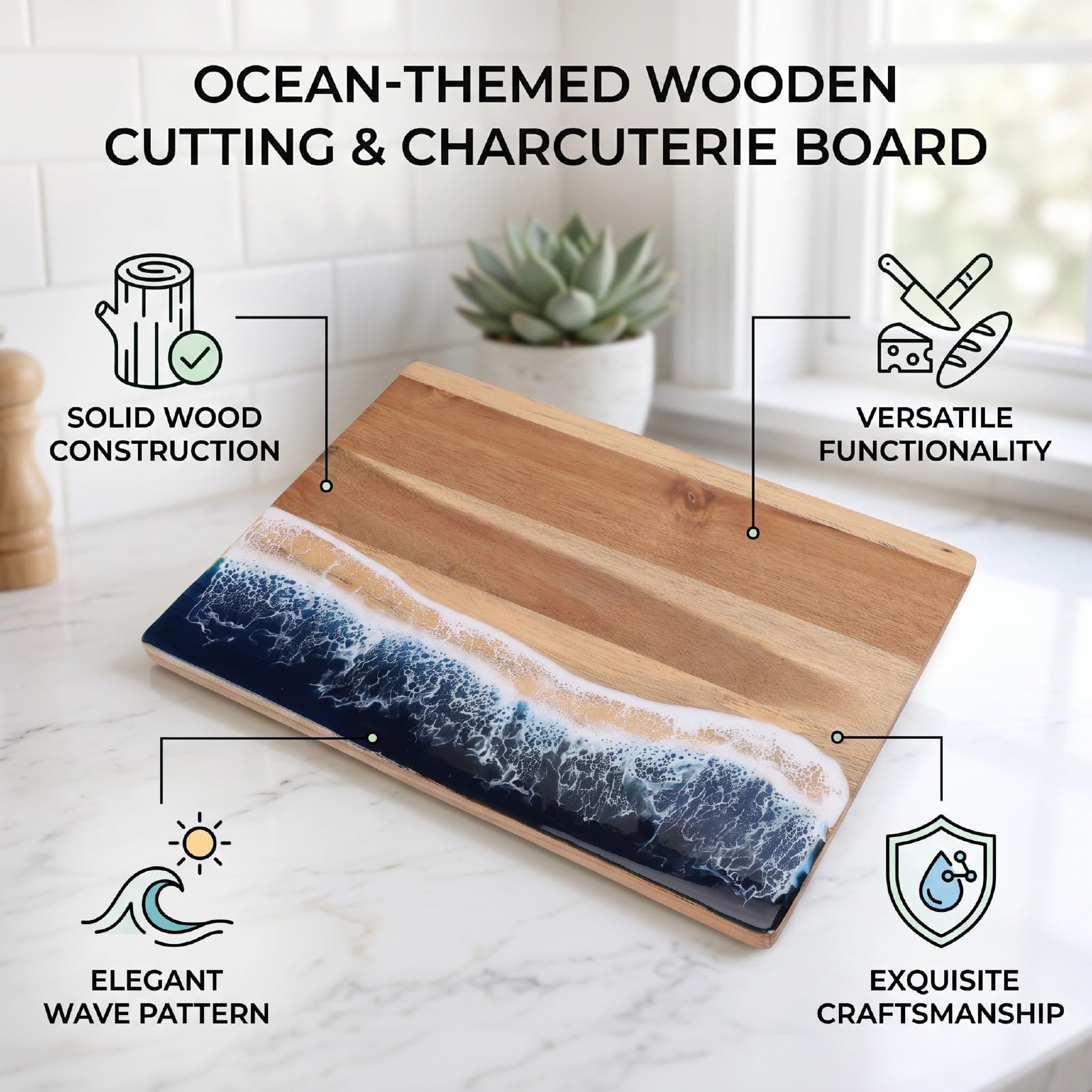 Tangxi Tabla de Cortar de Madera Decorativa con Diseño de Olas