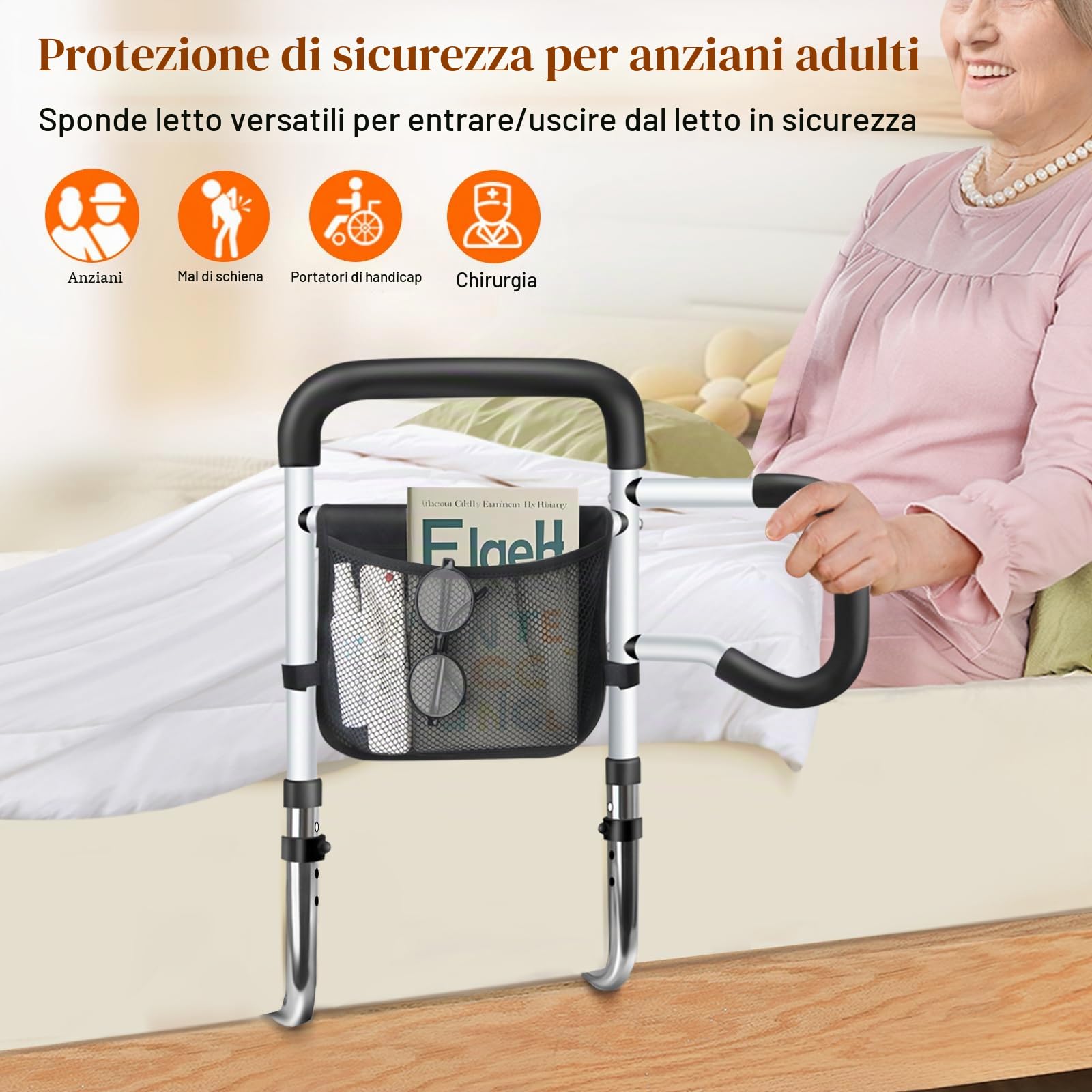 DePango - Griglia per la sicurezza degli anziani, altezza regolabile e griglia del letto con spazio per letti queen e king-size, griglia di protezione per letto in acciaio al carbonio per anziani
