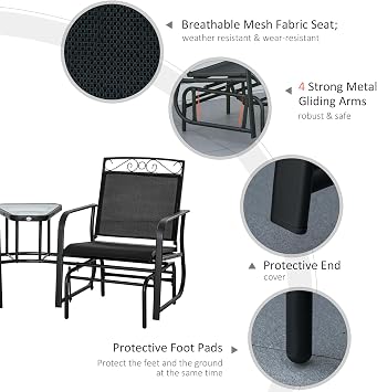 Outsunny Outdoor Glider Chairs with Coffee Table Patio 2-Seat Black