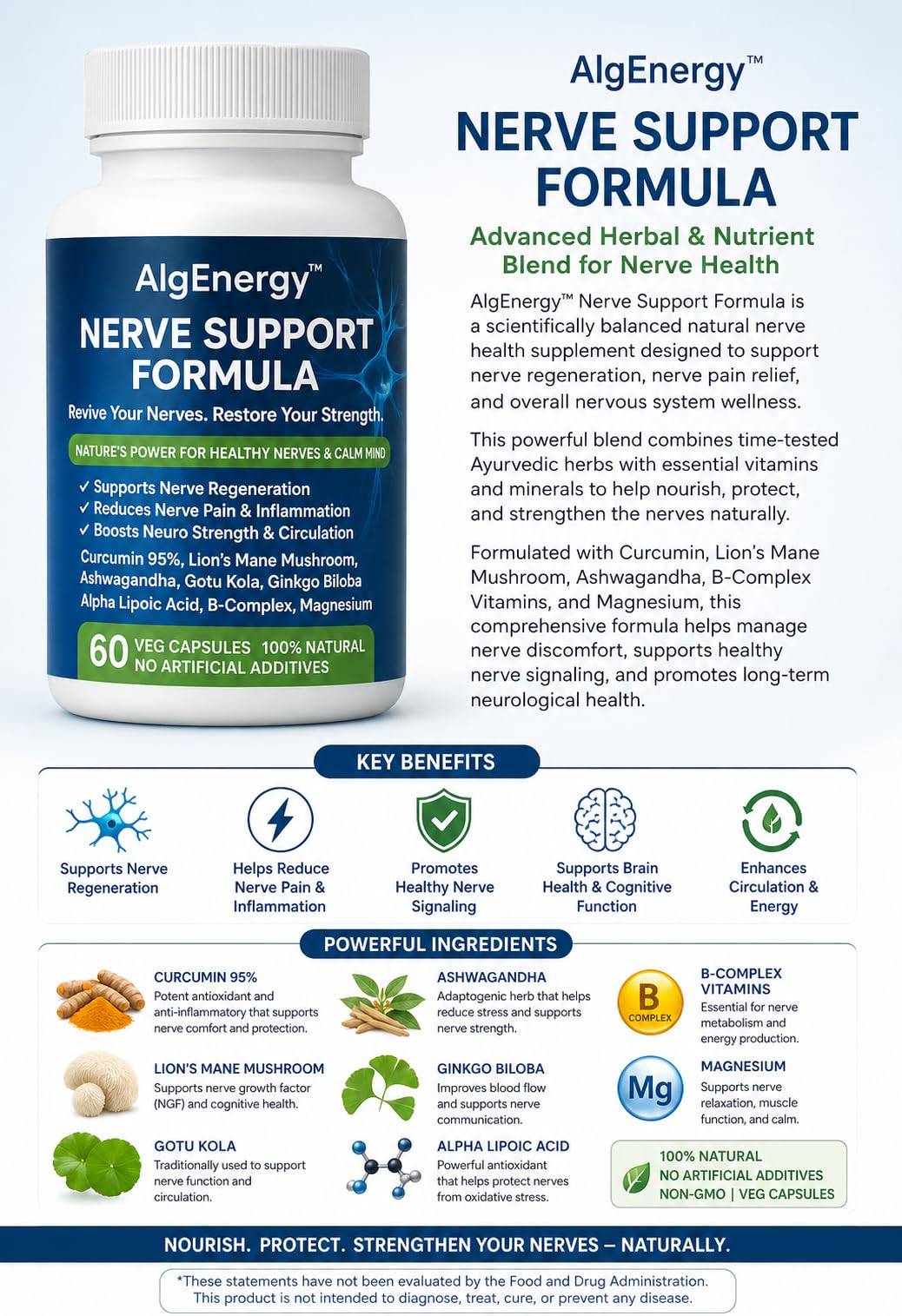 AlgEnergy™ Nerve Support Formula, 60 Veg Capsules, Natural Nerve Health Supplement with Curcumin, Lion's Mane, Ashwagandha, B-Complex, Magnesium for Nerve Regeneration and Pain Relief — Amazon image 2