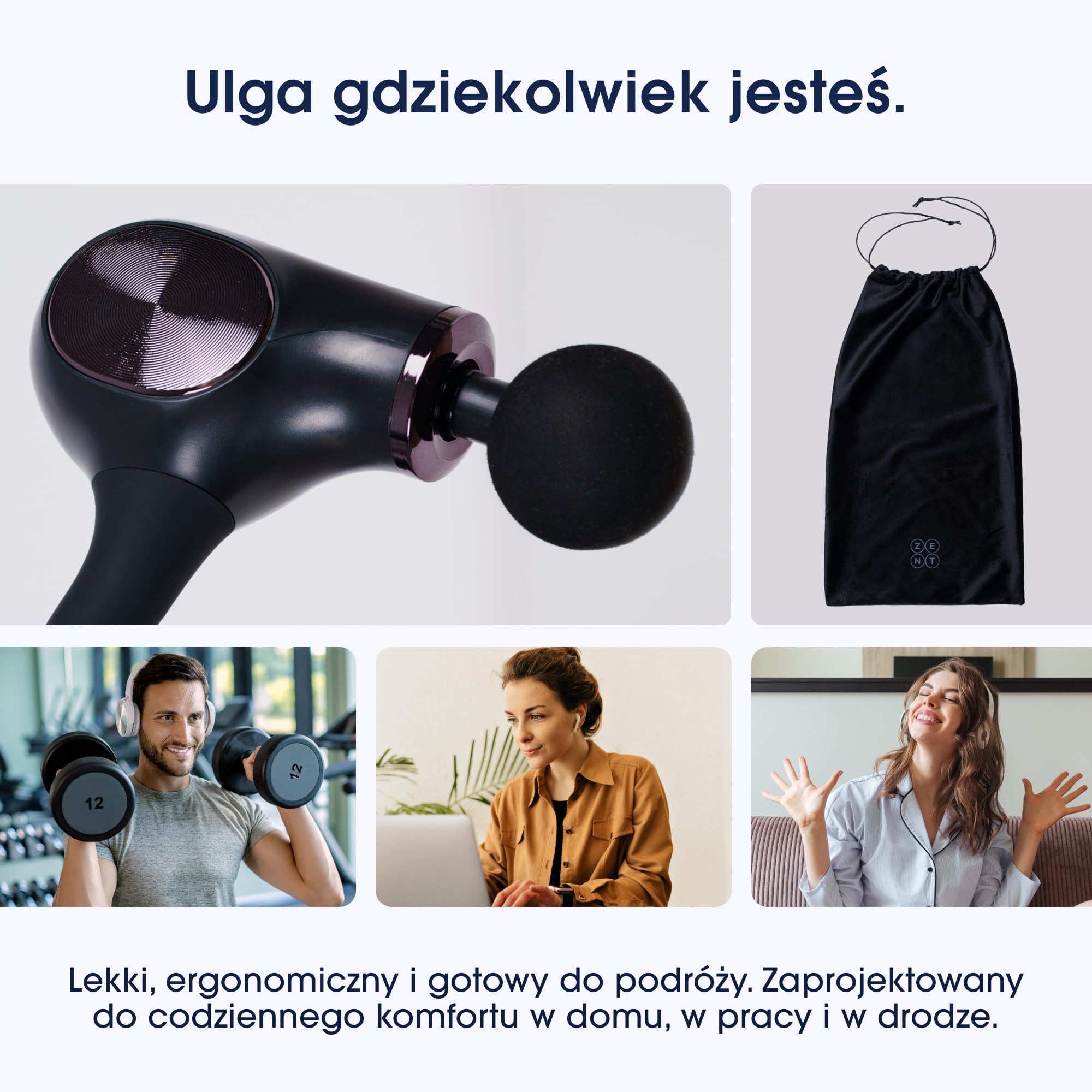 ZENT ErgoSense Inteligentny masażer pleców bezprzewodowy - Masaż wibracyjny dla karku, ramion, łydek, 5 poziomów intensywności, 4 Końcówki w zestawie, Cichy silnik bezszczotkowy, Wytrzymała bateria
