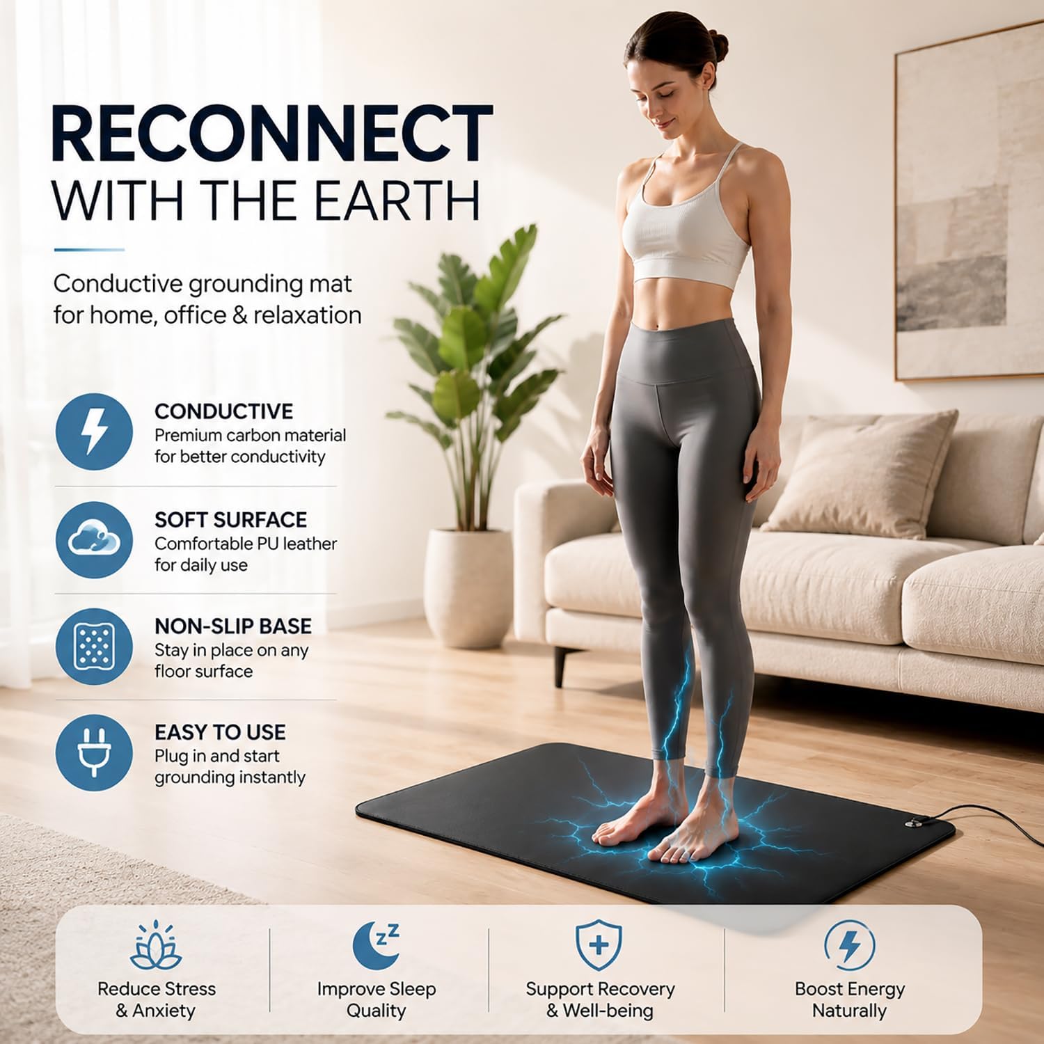 Grounding Mat for Bare Feet, Conductive Earthing Mat for Home & Office, Non Slip PU Leather Grounding Pad with Cord, Comfortable Floor Mat for Working, Relaxing, Meditation & Daily Use