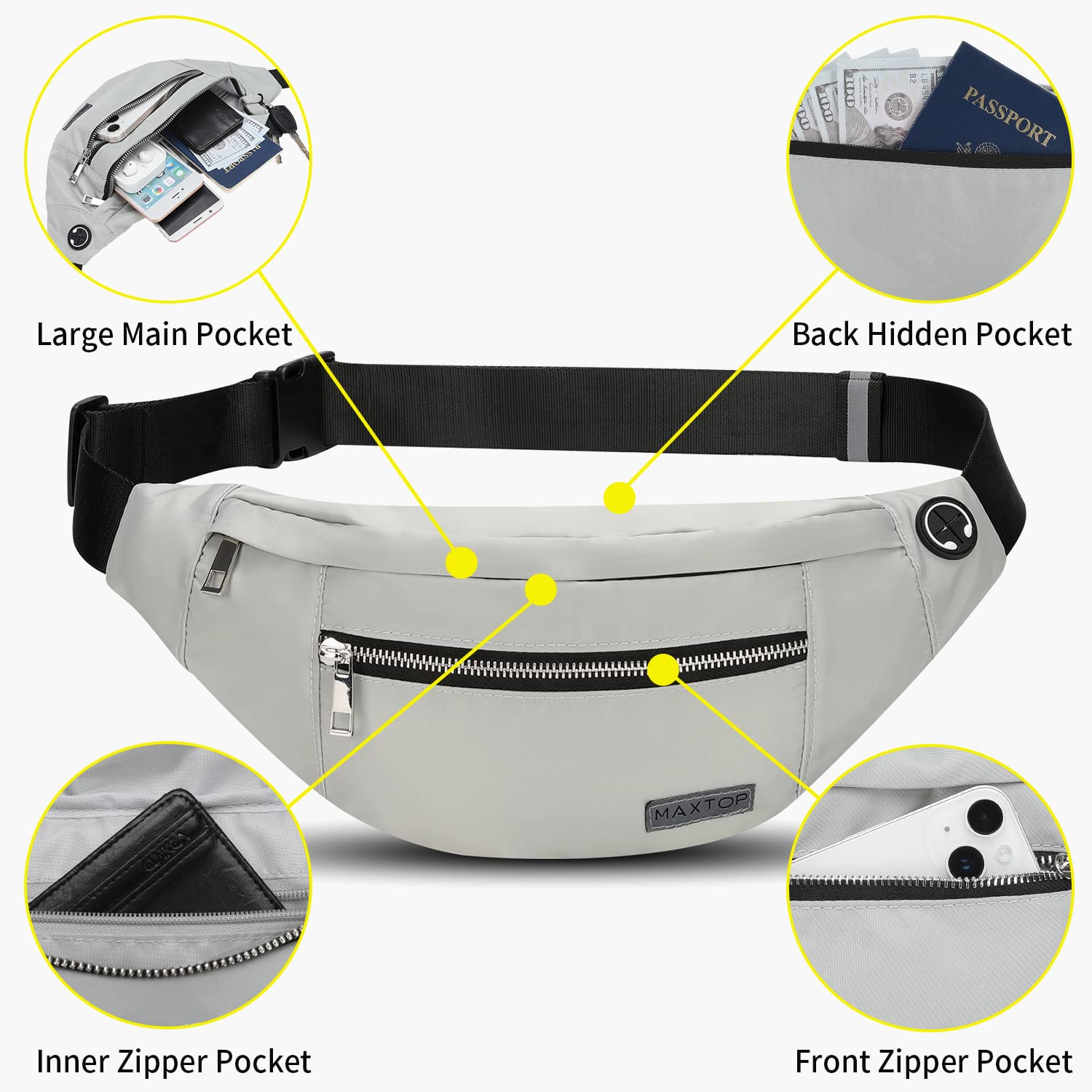 MAXTOP Marsupio Uomo Donna Unisex, Marsupio Impermeabile, con Jack per Cuffie e 4 Tasche con Cerniera, Cintura Regolabile per Allenamento all'aperto, Escursionismo