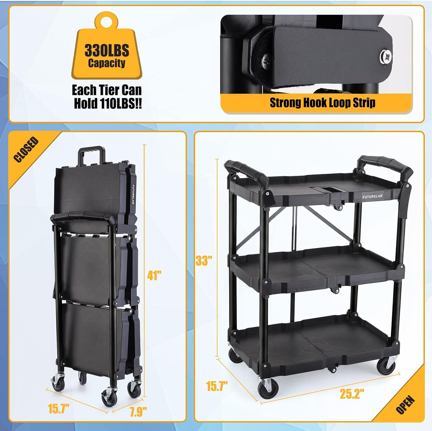 Folding Service Cart - 3 Tier, 330LBS Capacity -3
