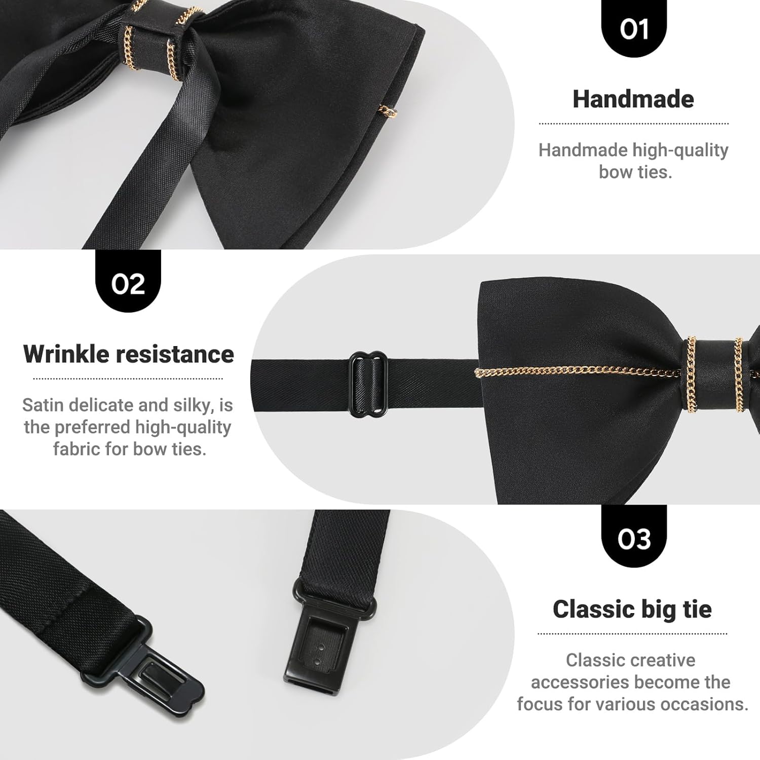 Mens Black Oversized Bow Tie Satin Silk Adjustable Large Solid Pre-tied Tuxedo Big Bow Ties for Men with Gift Box