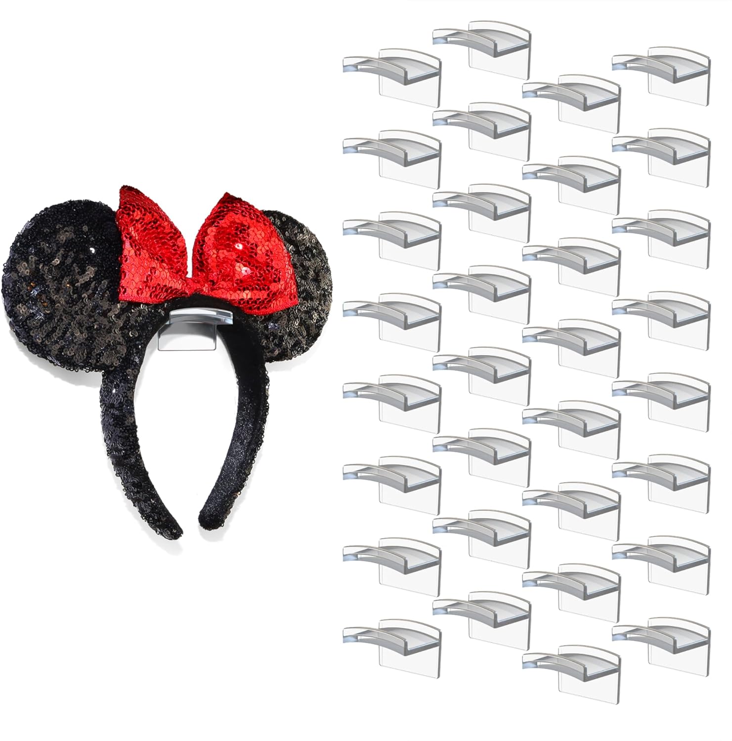 Modern JP Adhesive Hooks for Disney Ears (32-Pack) - Minimalist Disney Ear Holder, No Drilling Headband Holder Design, Strong Hold Headband Organizer - USA Patented, Clear