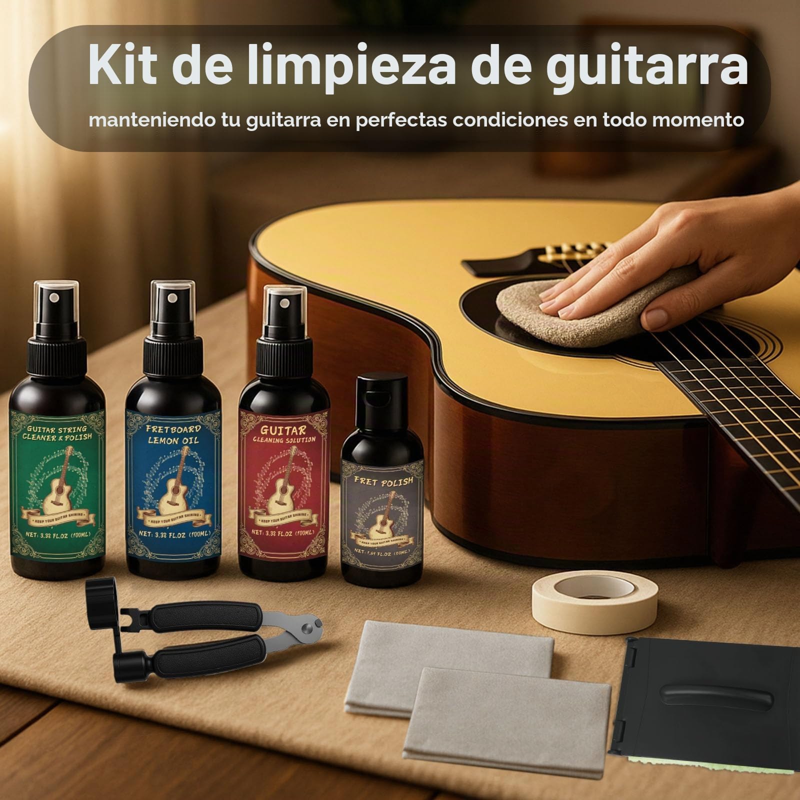 1DFAUL Juego de mantenimiento y limpieza para guitarra de 9 piezas con limpiador de guitarra, pulidor, aceite para diapasón y aceite para cuerdas, para todos los tipos de guitarra, ideal para