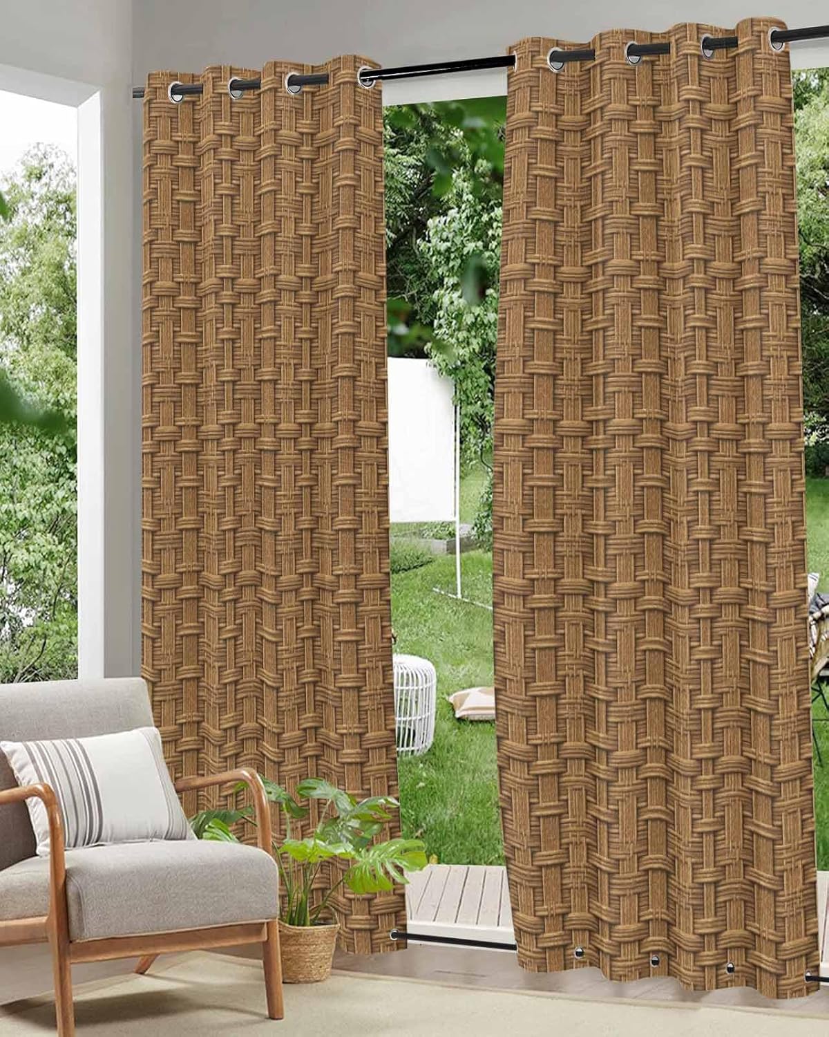Vintage Rattan Outdoor Curtains for Patio Waterproof, Minimalist Abstract Wicker Texture Brown Outdoor Privacy Panels Grommet Sun Blocking Outside Curtains for Porch, Pool, Balcony, 54W x 95L inch x2