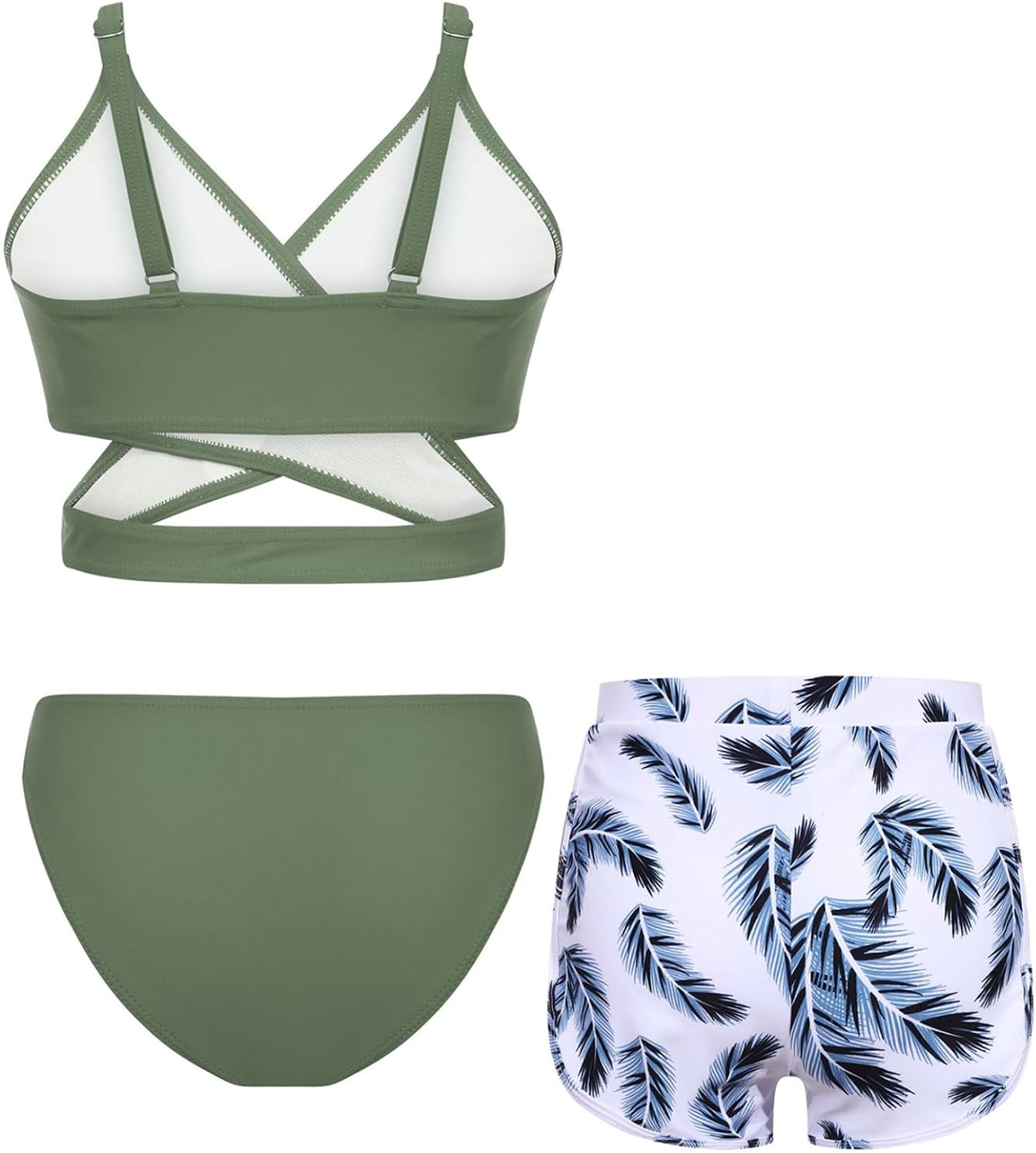 Kids Girls 3Pcs Swimming Costume Feather Print Split Swimsuit Bikini and Feather Print Shorts Beachwear