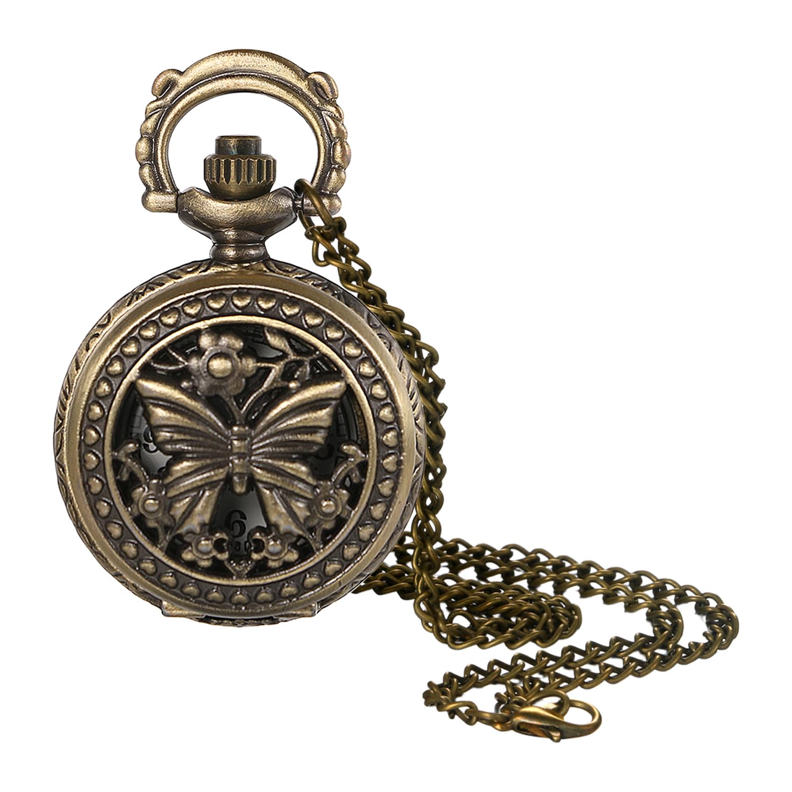 JewelryWe Vintage Butterfly Pocket Watch: Retro Design Bronze Flower Openwork Cover Quartz Pendant Necklace Watches with Chain for Xmas for Mother's Day