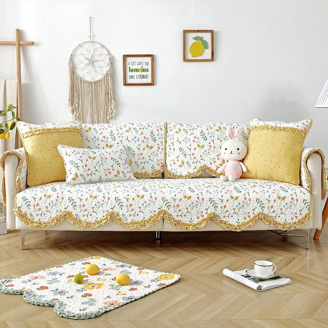 vctops Country Style Ruffle Print Sofa Couch Cover Scalloped Edge Non Slip Sectional Couch Cover Super Soft Cotton Sofa Slipcover Furniture Protector for Living Room (Yellow,36"x36")