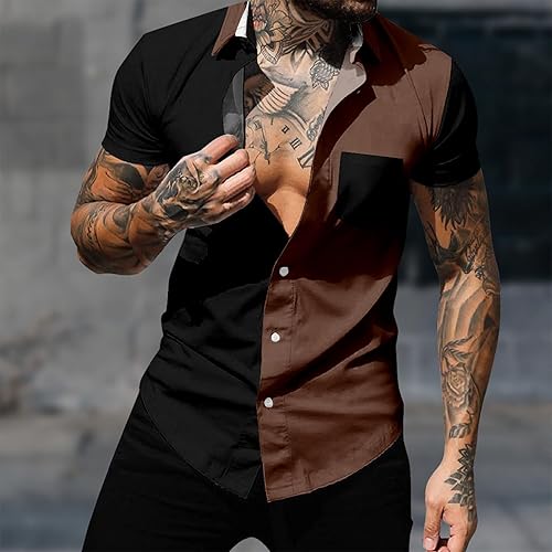 Miniatura 2 de Camisas para hombre, estilo casual, elegante, con botones, manga corta, camisas de vestir a la moda, ajuste muscular, bloque de color, ropa de verano